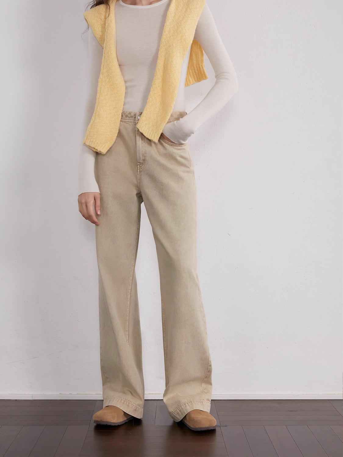 Firelady Fur women's vintage washed denim straight-leg pants with meteorite fragment details, stylish and comfortable for casual wear.