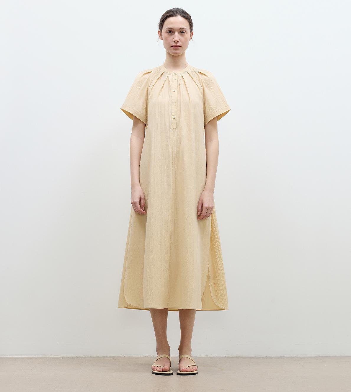 "First Love Island" Cotton Stand Collar Pleated Short Sleeve Shirt Dress for Women-5