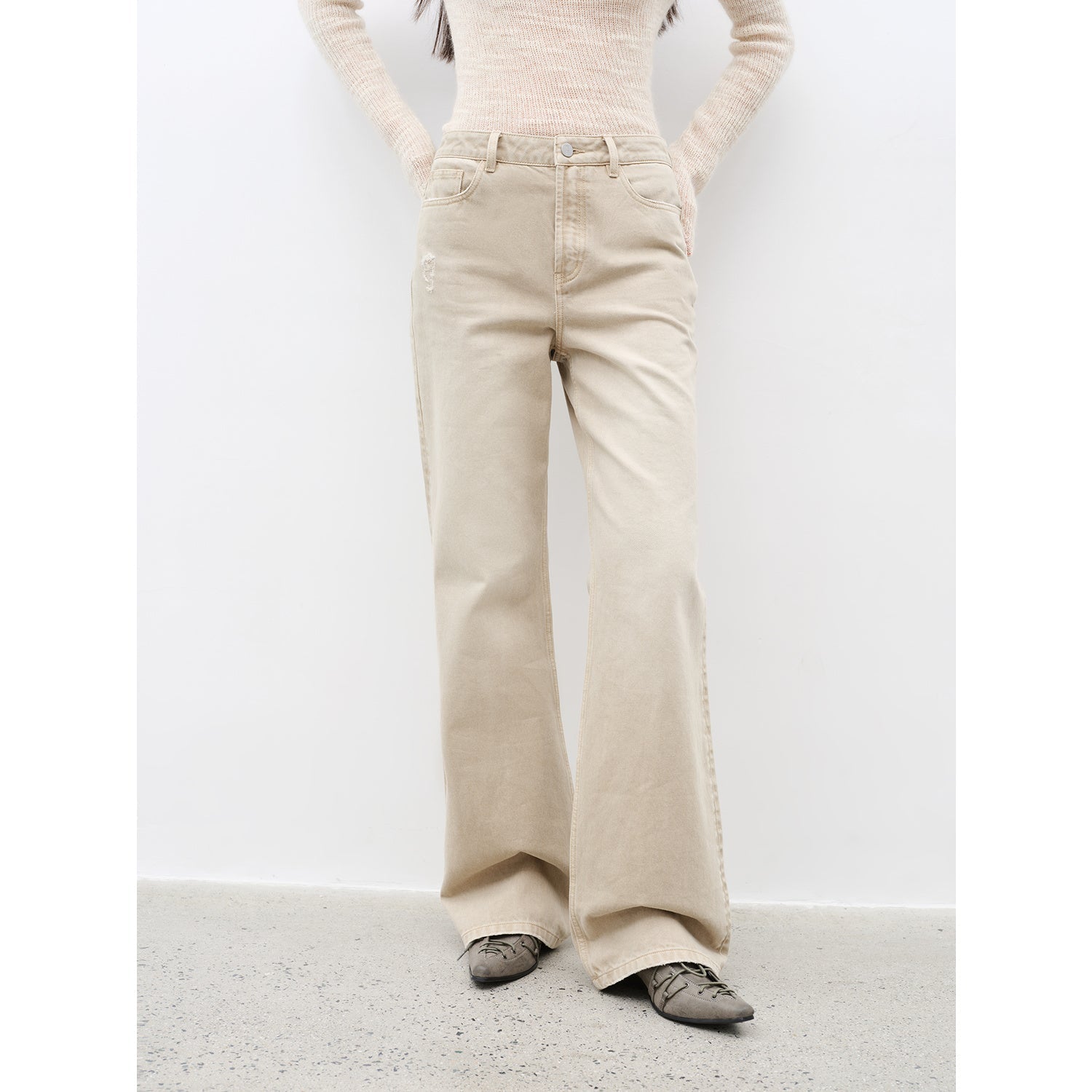 "Flare Mark" Retro all-season slim-fit versatile floor-length washed flared jeans-4