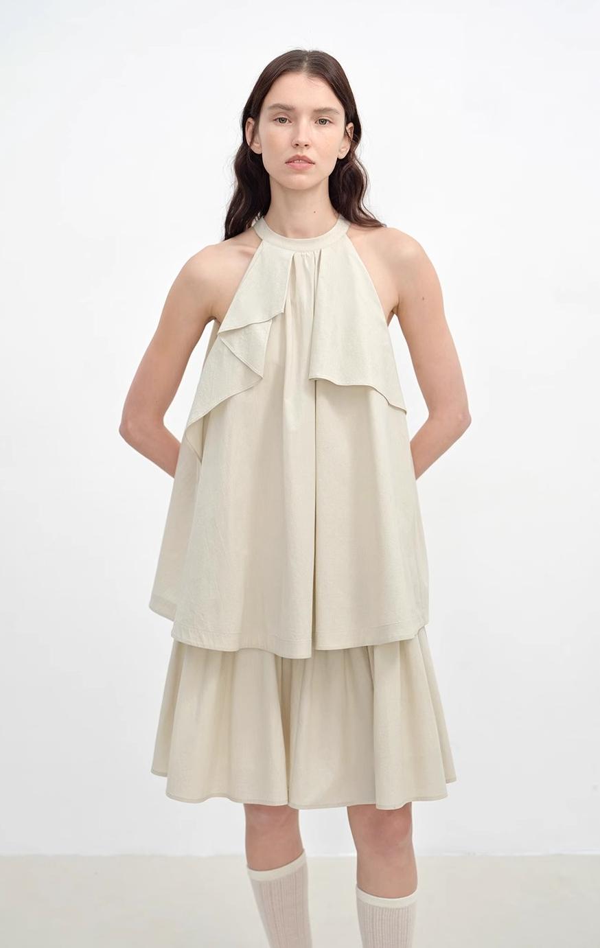 "Floating Island Manor" small stand-up collar design asymmetrical halter dress-0