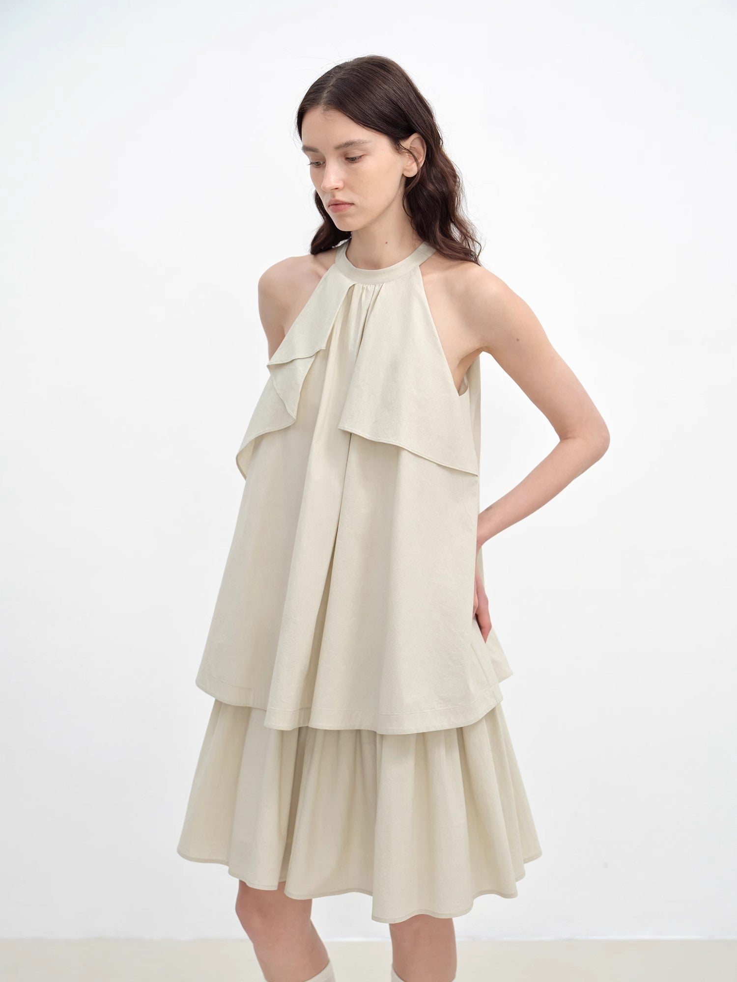 "Floating Island Manor" small stand-up collar design asymmetrical halter dress-1