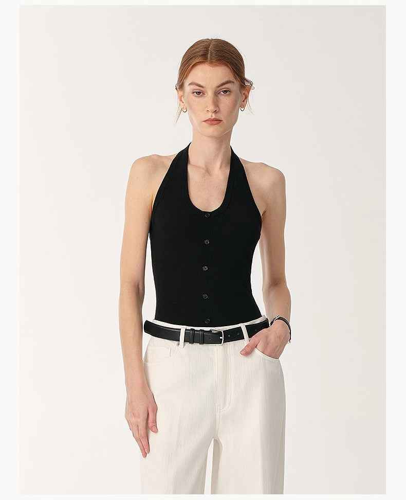 Firelady Fur wool halter neck top from Maison Beaumont, machine washable, stylish all-match wool suit for women.