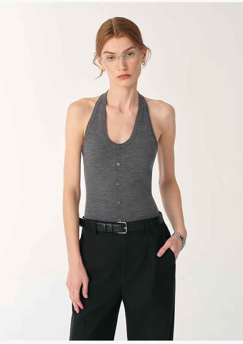 Firelady Fur wool suit top by Maison Beaumont featuring a halter neck, machine washable, ideal for versatile women's fashion.