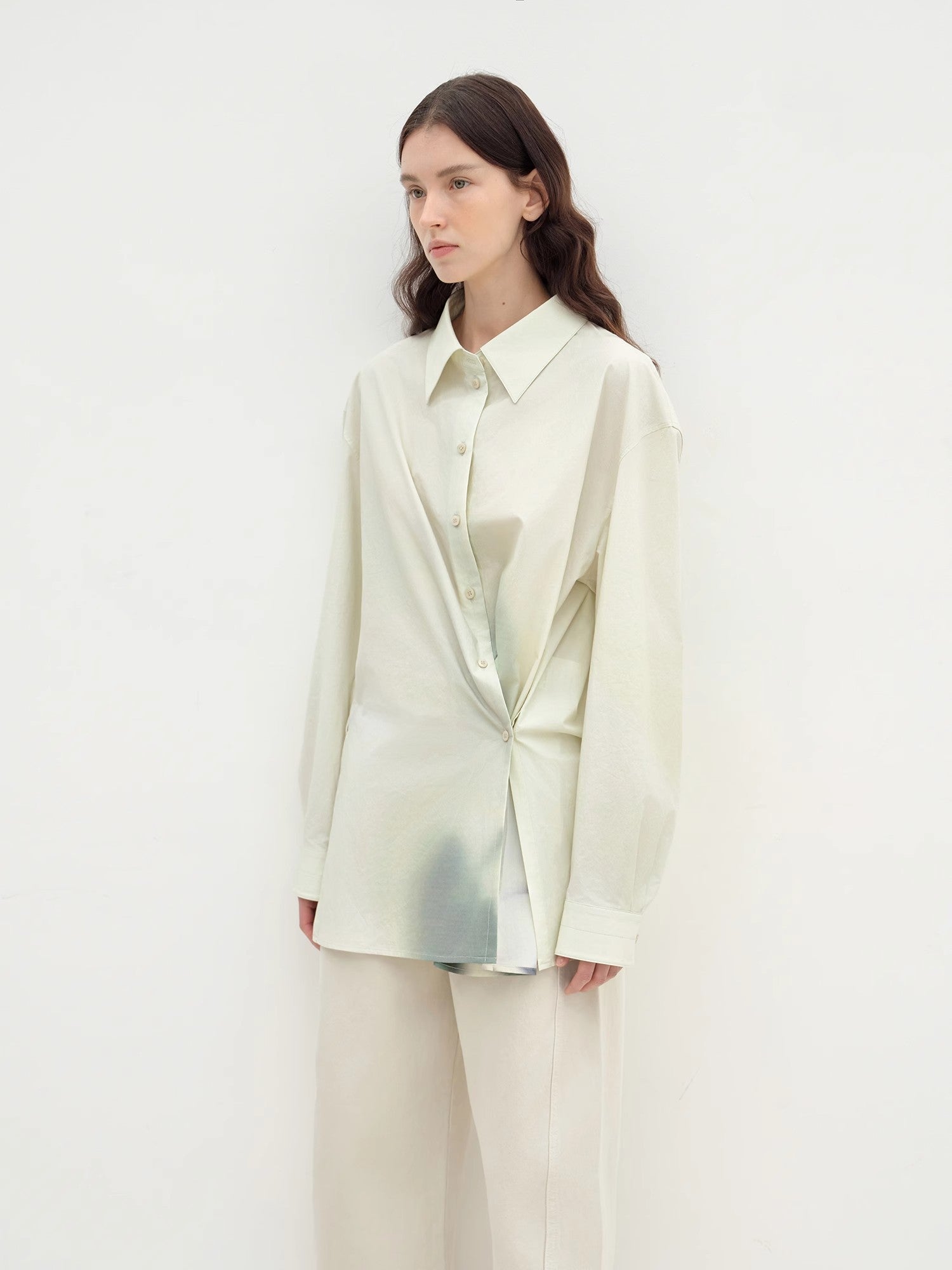 "Green Time" lapel side slit two-wear cotton printed shirt-4