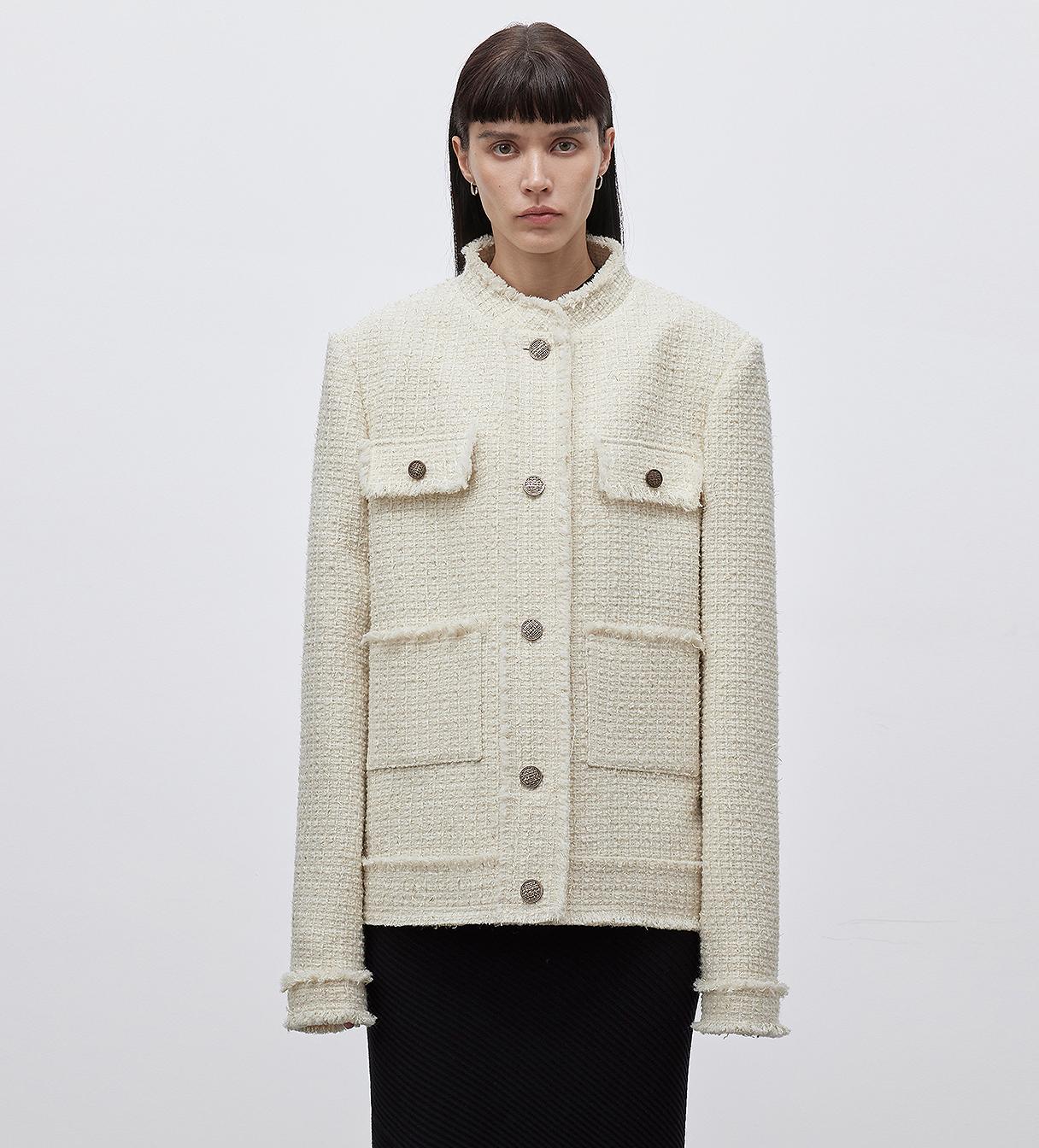 Elegant women's wool jacket by Firelady Fur featuring a high-quality wool exterior and refined edging details.