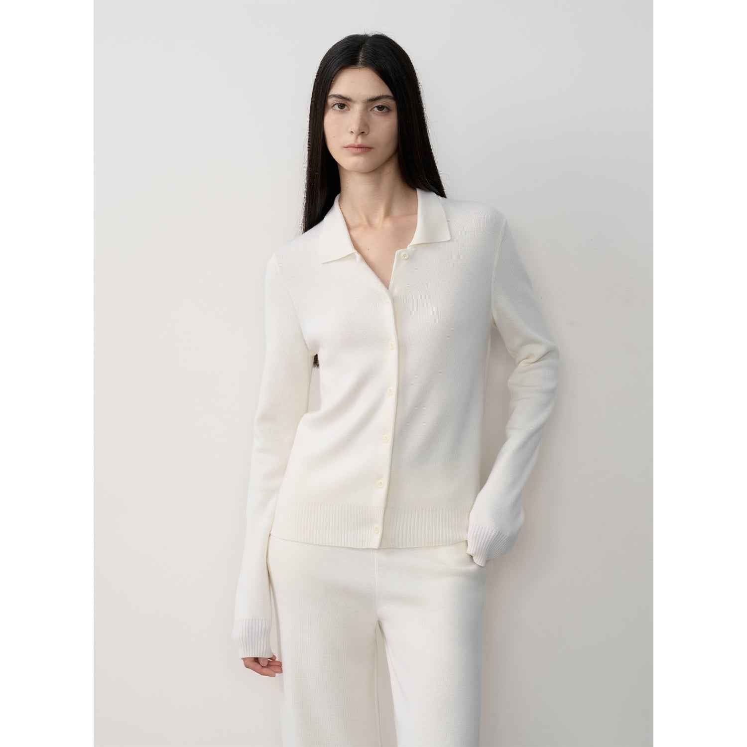 Firelady Fur Lazy Urban Merino Wool knitted pants suit featuring a polo neck cardigan and straight-leg pants for a stylish look.