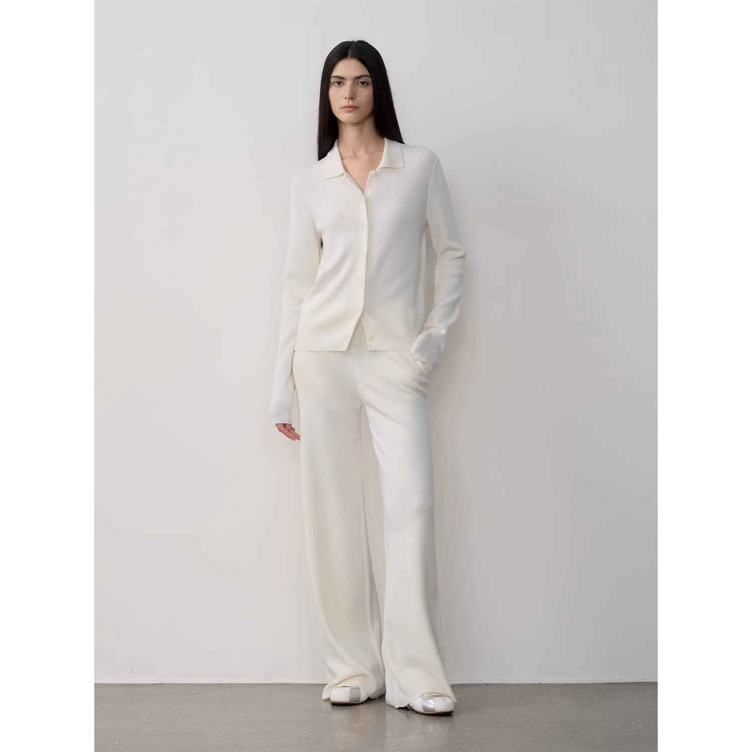 Firelady Fur Lazy Urban Merino Wool Knitted Pants Suit featuring a polo neck cardigan and straight-leg pants for a cozy, stylish outfit.