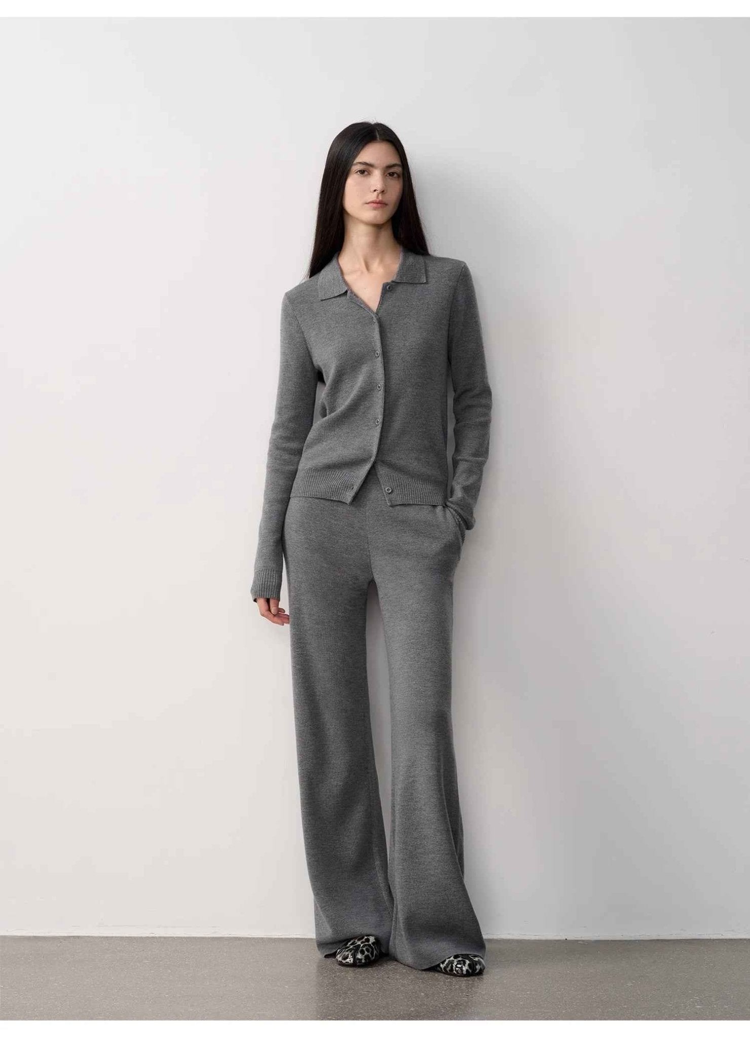 Firelady Fur Lazy Urban Merino Wool knitted pants suit with polo neck cardigan and straight-leg pants, stylish and cozy outfit.