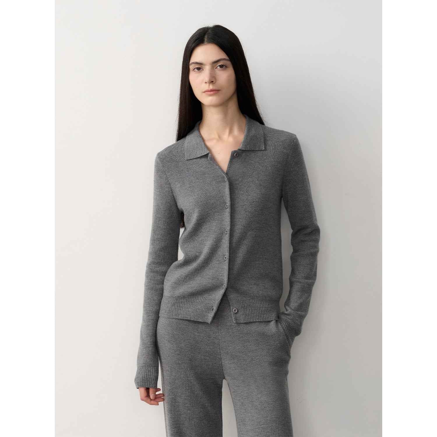 Firelady Fur Lazy Urban Merino Wool Knitted Pants Suit featuring a polo neck cardigan and straight-leg pants in a cozy, stylish outfit.