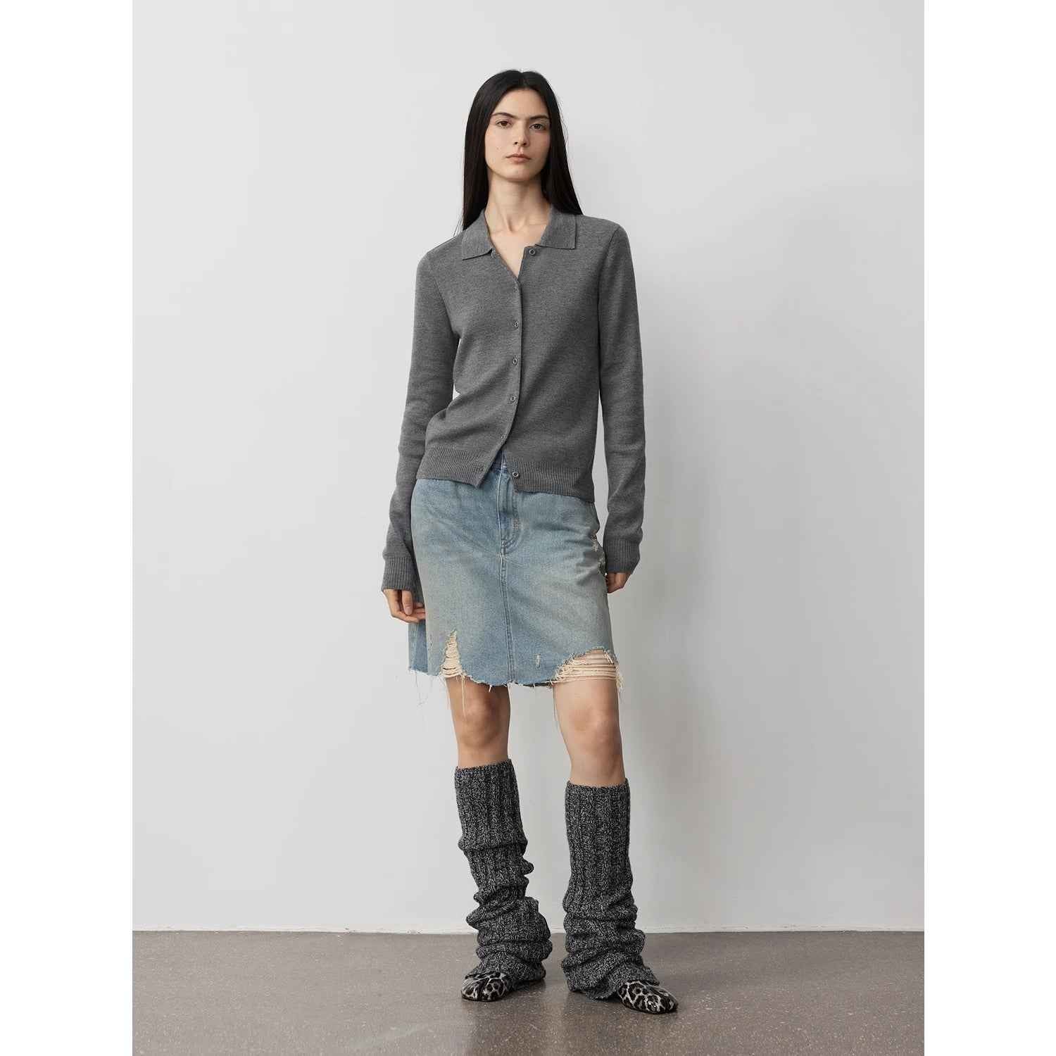 Firelady Fur Lazy Urban Merino Wool knitted pants suit featuring a polo neck cardigan and straight-leg pants in a cozy, stylish outfit.