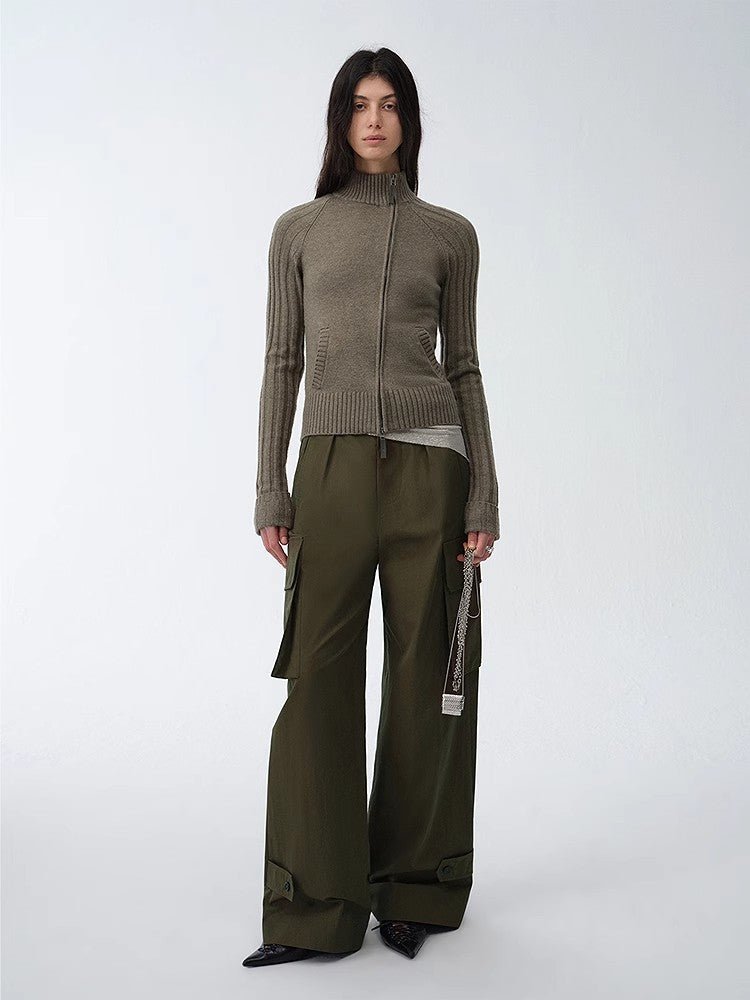 "Leisure First" Personalized three-dimensional large patch pocket straight wide-leg work trousers-0