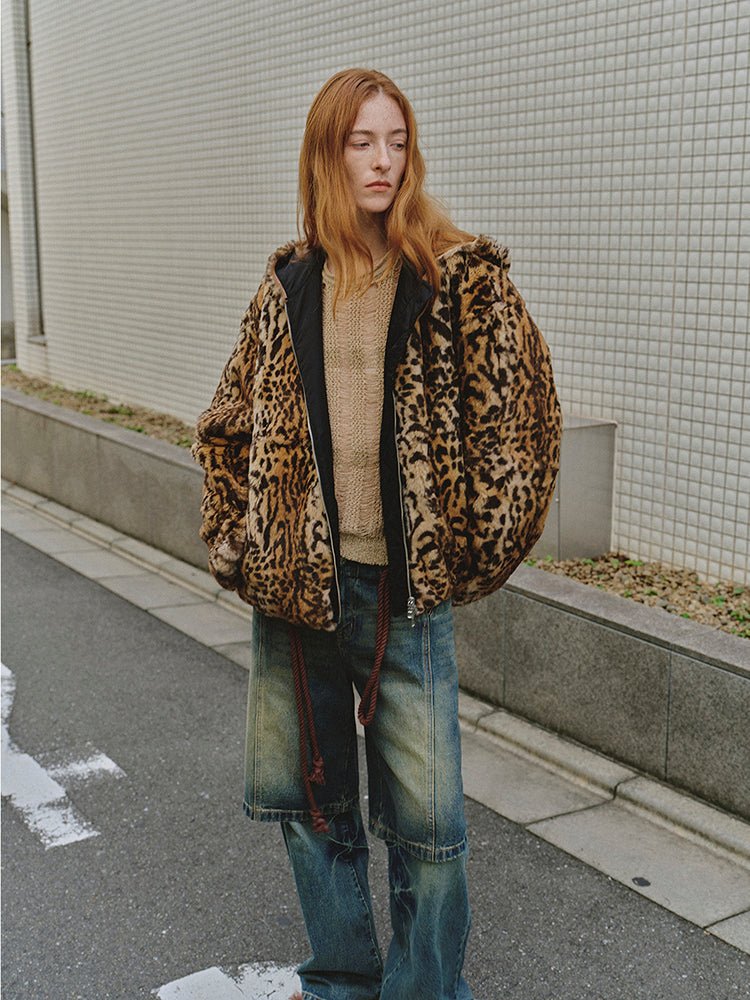 Reversible leopard spot print women's rabbit fur coat with drop shoulder hood from Firelady Fur, featuring bold animal print design.