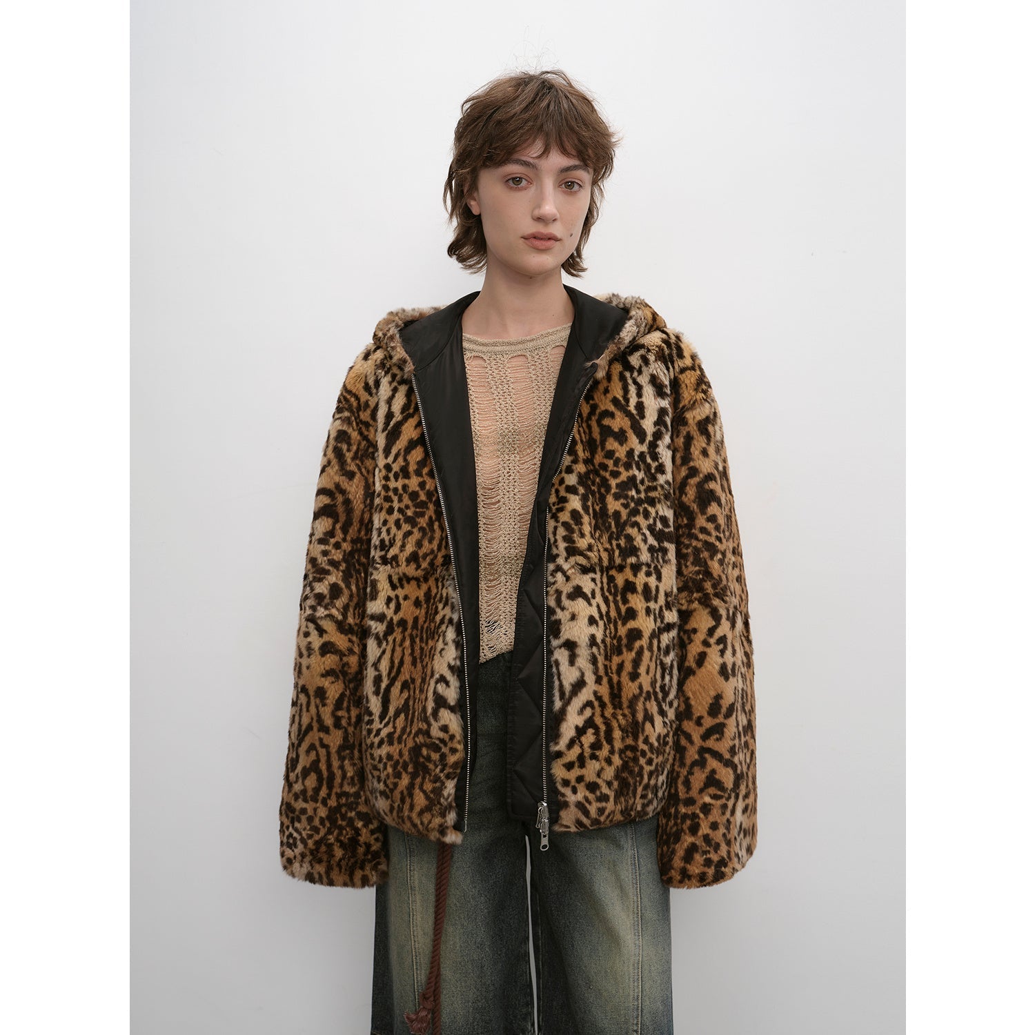Women's reversible rabbit fur coat with leopard spot print, hooded, drop shoulder design, by Firelady Fur.
