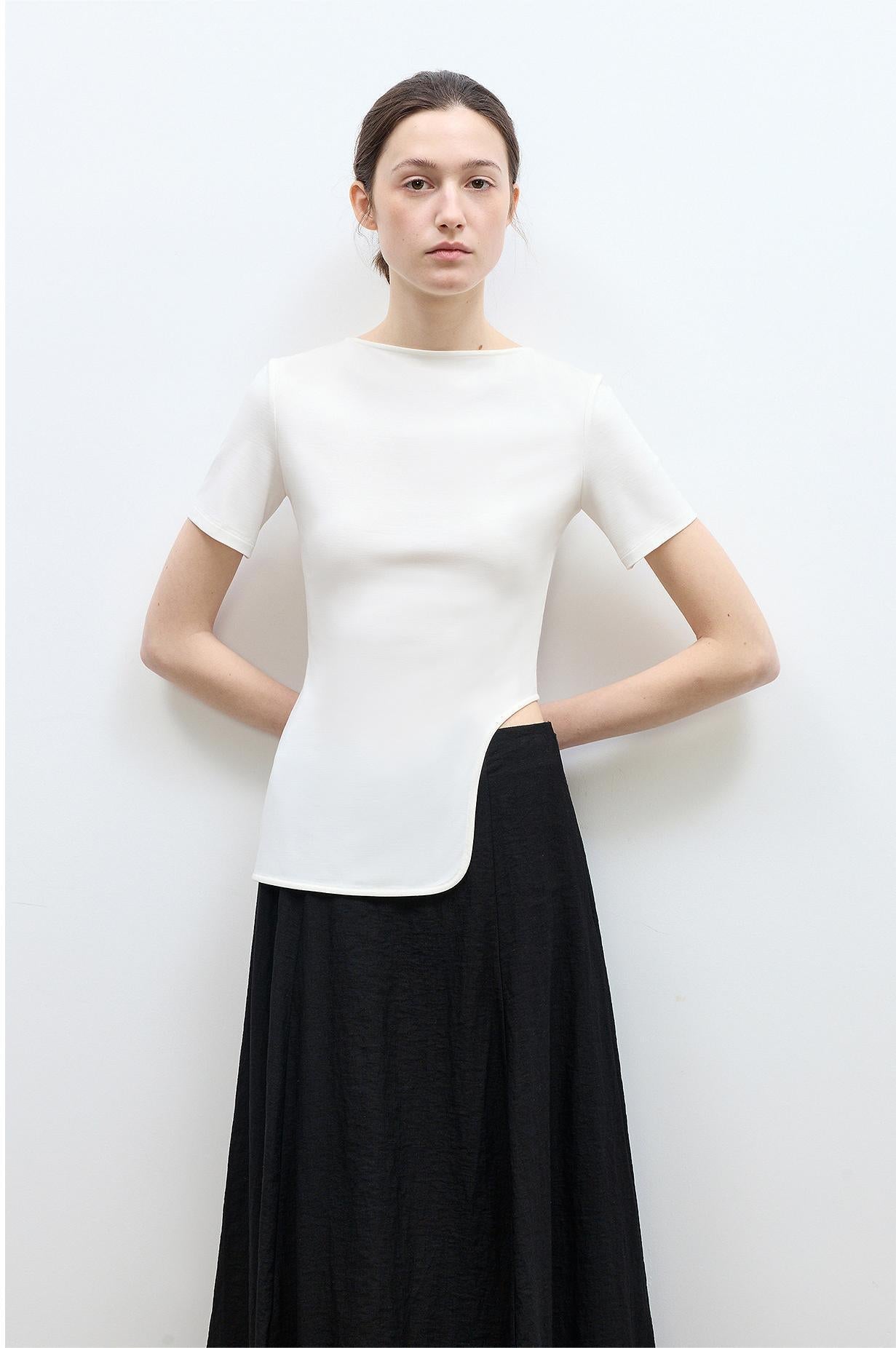Women's asymmetrical hem T-shirt by Firelady Fur featuring architectural principles design and short sleeves, casual and stylish.