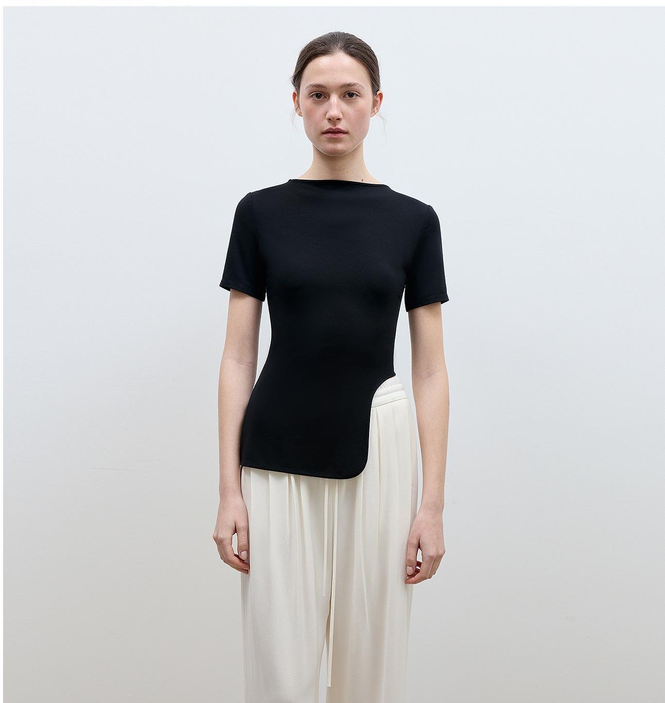 Firelady Fur women's asymmetrical hem T-shirt featuring architectural principles, short sleeves, and modern design.