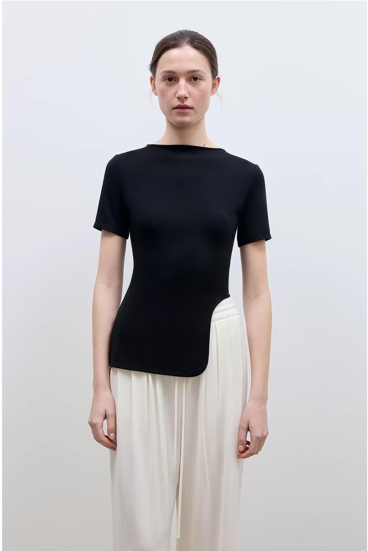 Firelady Fur Women’s asymmetrical hem T-shirt featuring architectural principles design and short sleeves, casual and stylish.