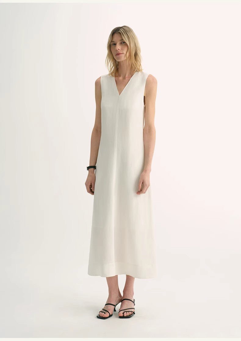 Firelady Fur women's sleeveless V-neck A-line dress with lightweight, textured cupro linen fabric and anti-wrinkle design.