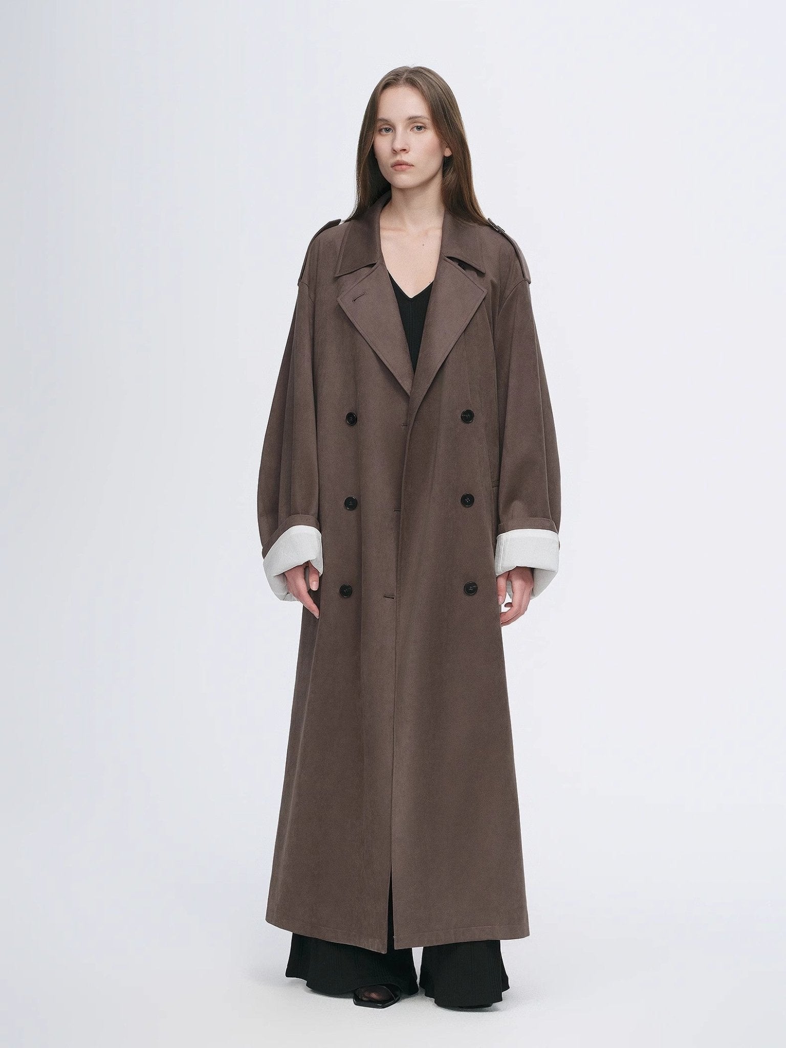 Firelady Fur Line Walker double-breasted women's coat in matte micro velvet with a classic, elegant, straight trench design.