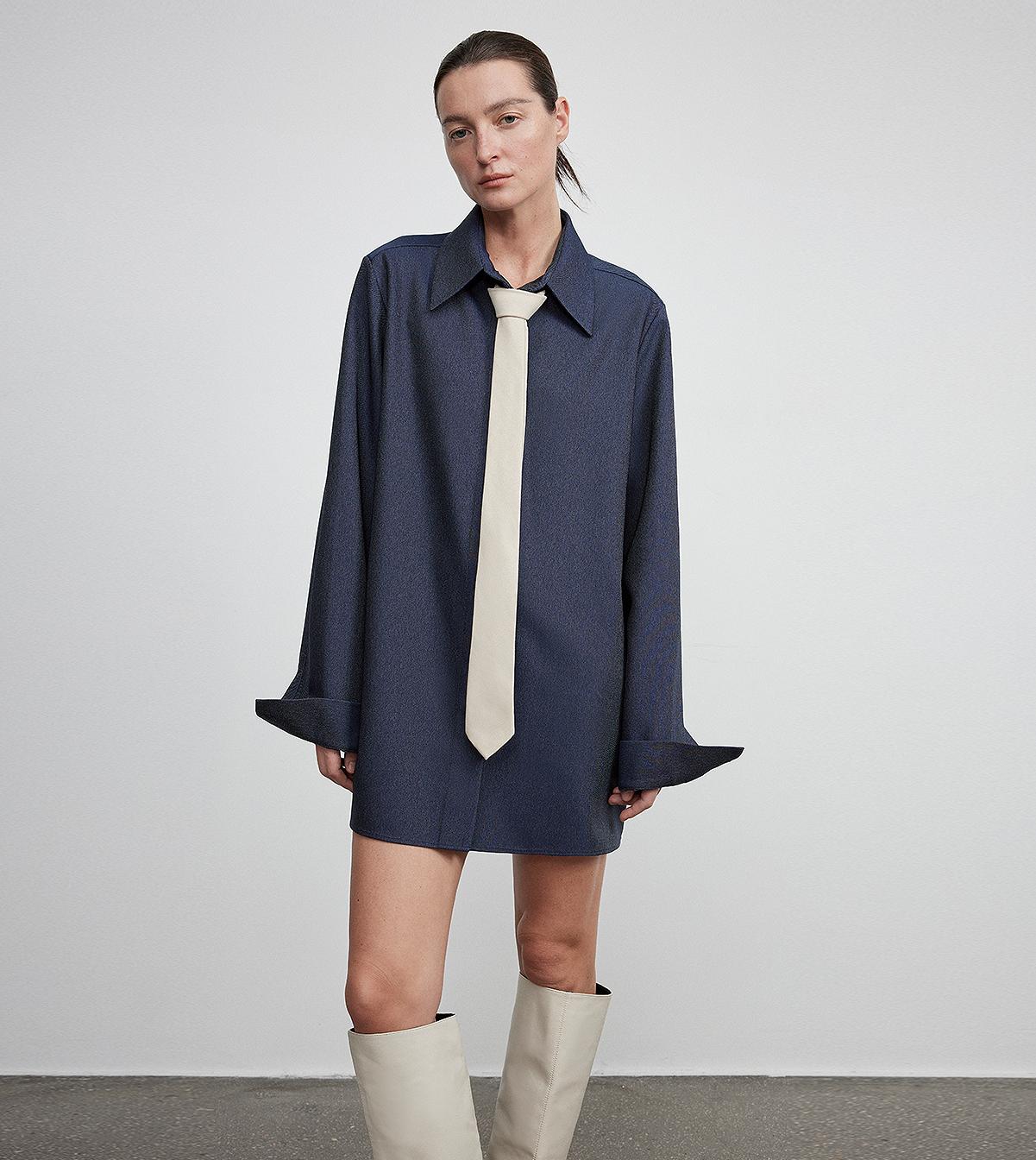 Firelady Fur long shirt by Maison Beaumont, stylish drapey women's top with a high-end elegant appearance.