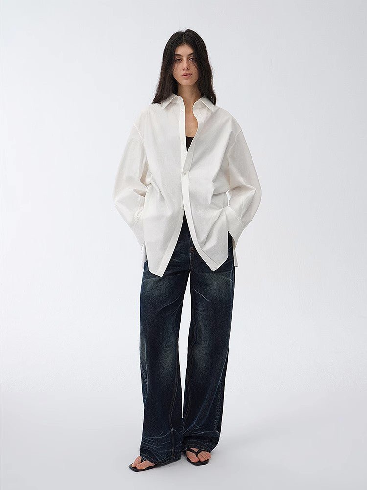 Maison Élvorain Moonlight Vermilion shirt by Firelady Fur, loose casual fit, standing silhouette, deconstructed waist design.