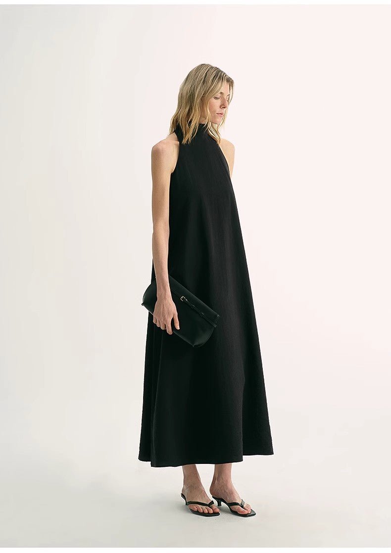 Luxury mulberry silk wrinkle-resistant A-line dress for women by Firelady Fur, featuring a high collar and summer beach style.