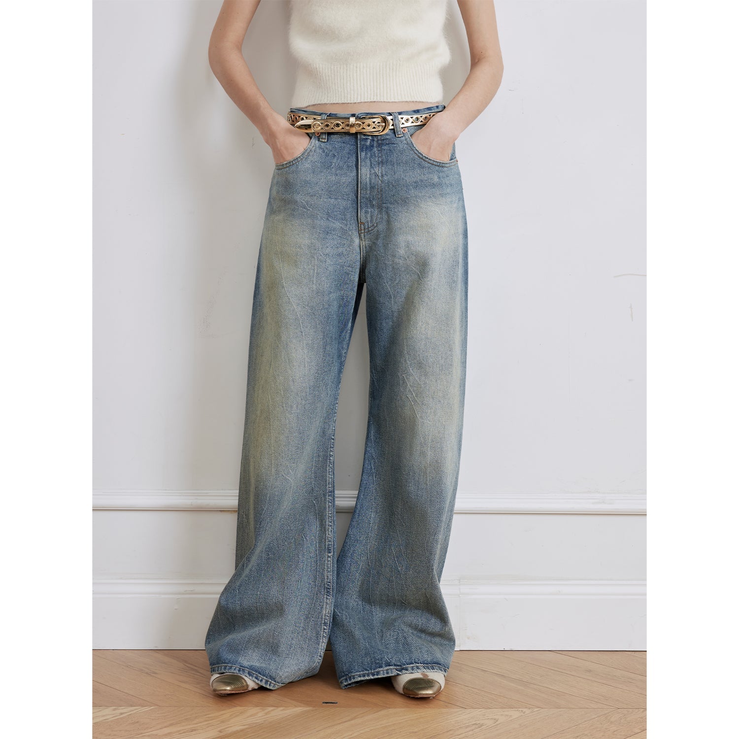 "Magic Dream" Retro Modern Washed Chicken Claw Wrinkled Jeans Women's Spacious Straight Wide Leg Pants-5