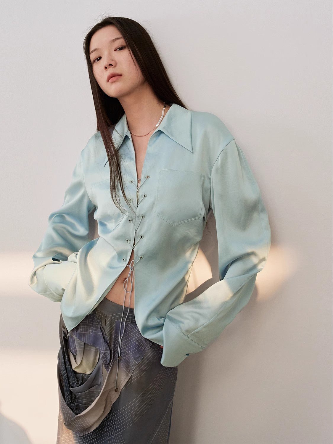 Firelady Fur Mercerized Spring Shadow Acetate Pleated Shirt, women's long-sleeve top with hollow string details and slimming fit.