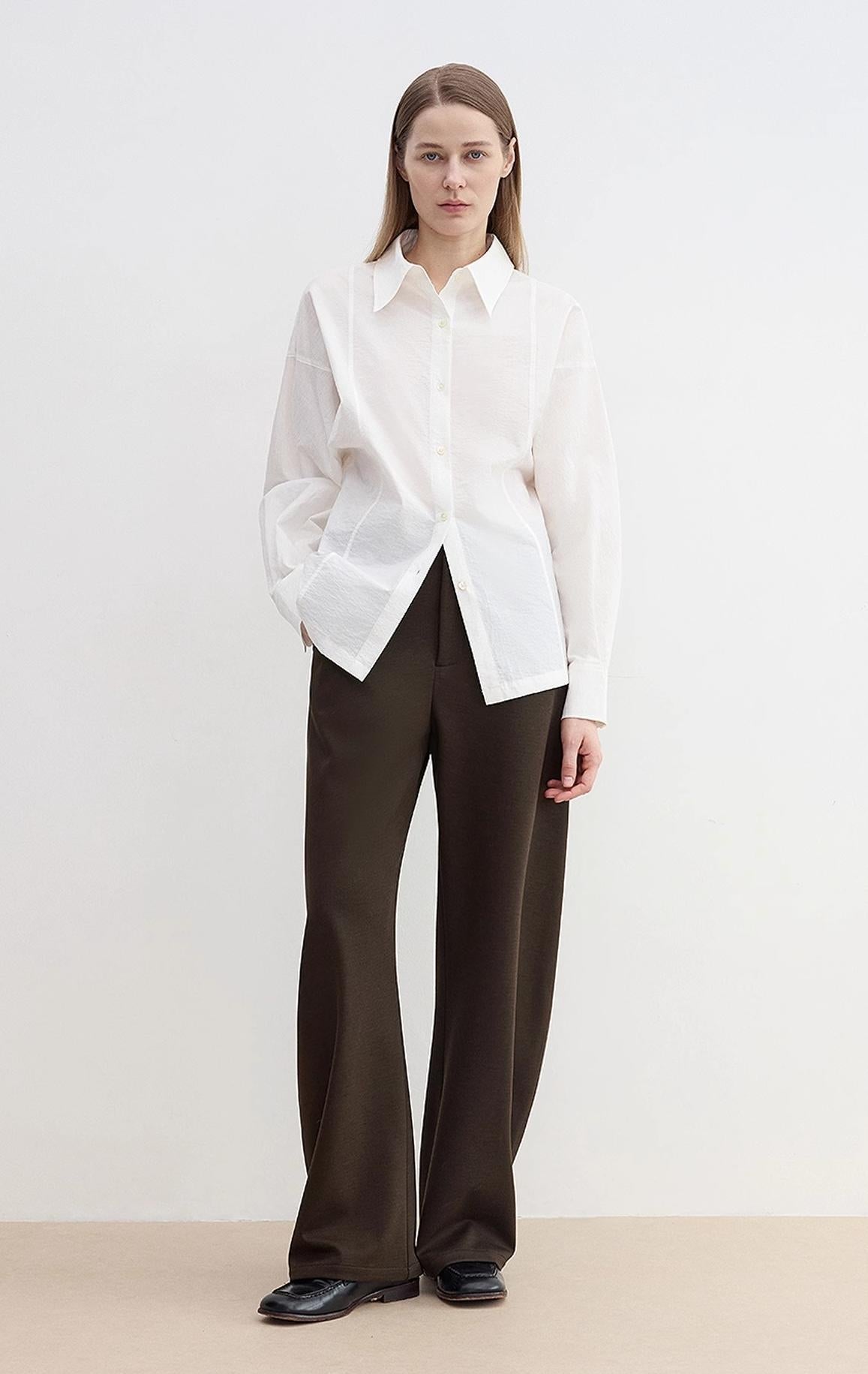Firelady Fur women's Nostalgic Stroll Wool Pants featuring high waist, curved design, and casual fit in a wool blend fabric.
