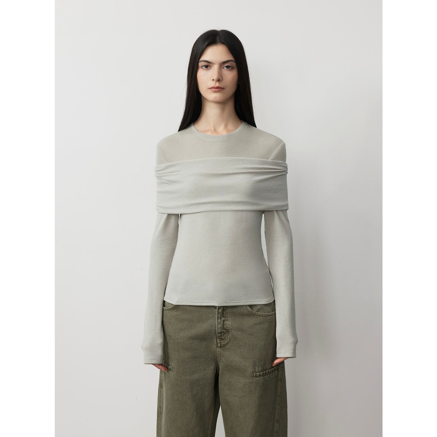 Firelady Fur Wool Tencel Knitted Top with layered design, one-shoulder style, featuring a versatile, modern spliced look.