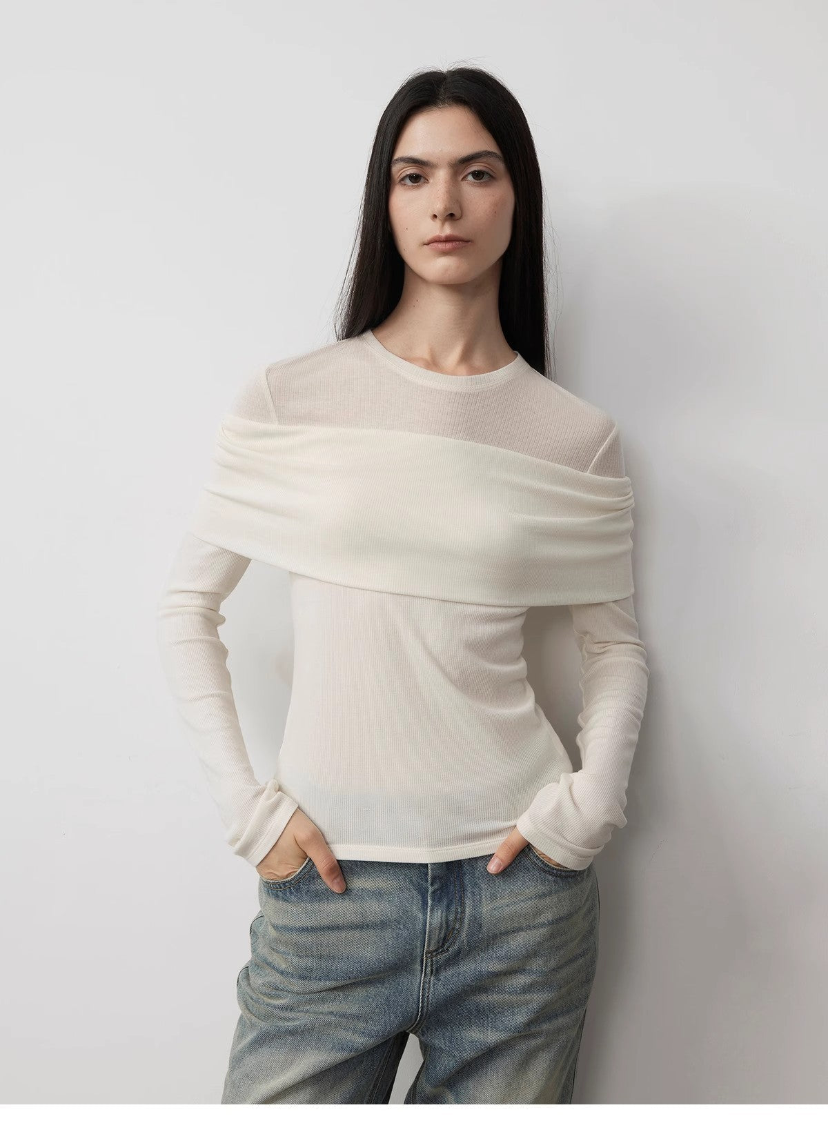 Firelady Fur Wool Tencel knitted top with layered splicing design, one-shoulder style, versatile modern fashion piece.