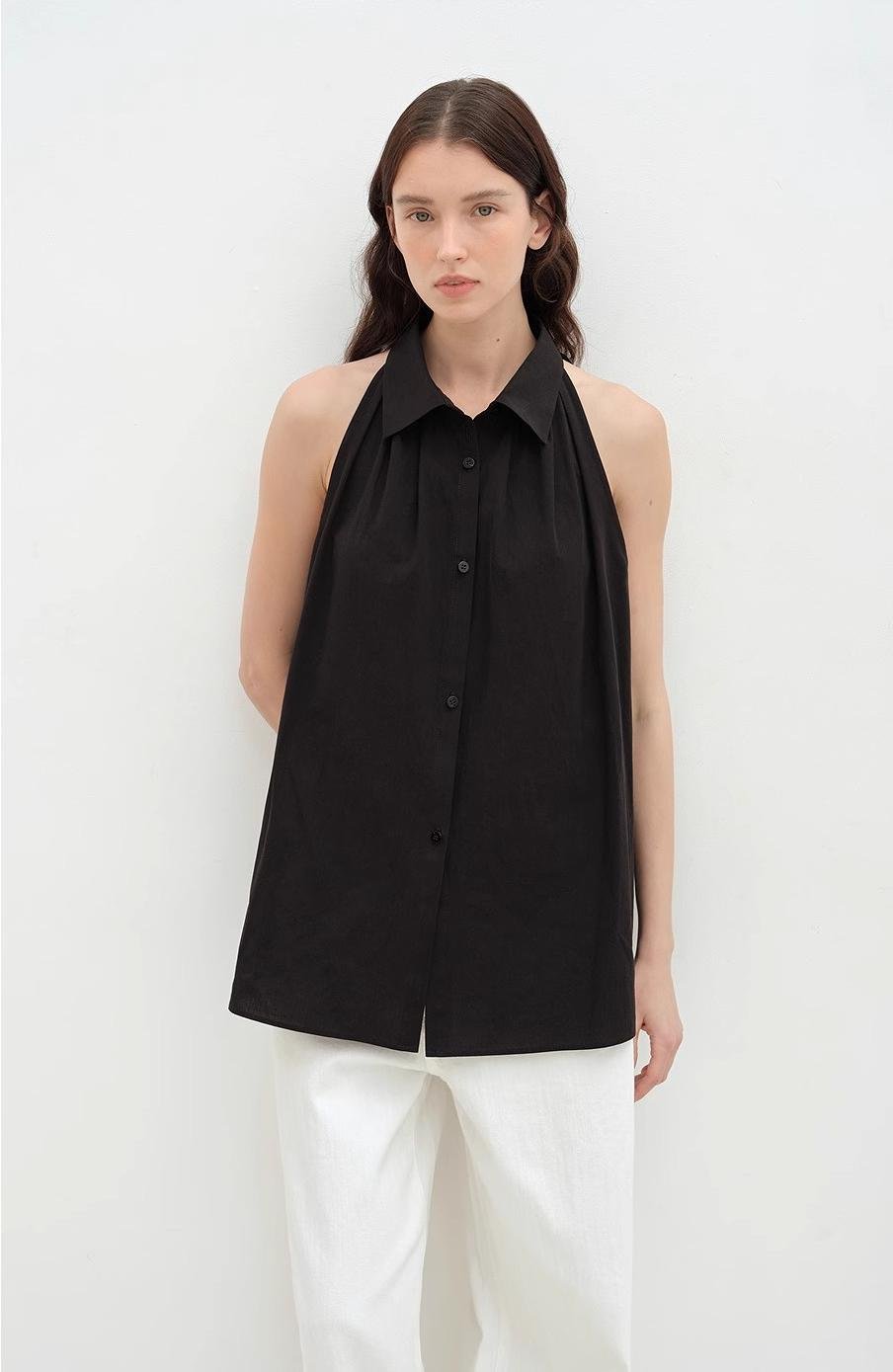 Firelady Fur Poland Island cotton sleeveless shirt with stand collar and striped design, stylish top for women.