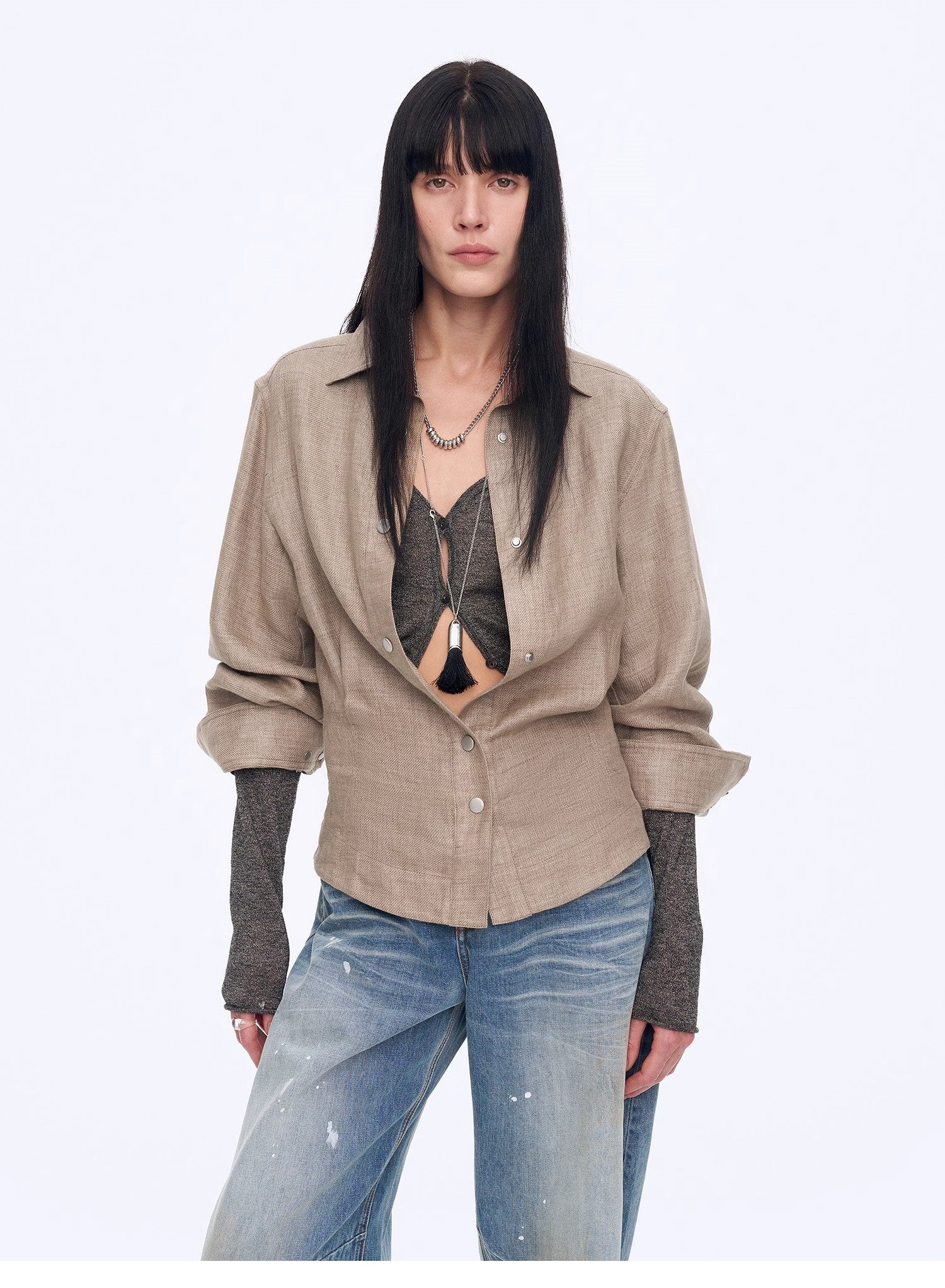 Firelady Fur breathable linen top with deconstructed silhouette in old money style, featuring a waist design and relaxed fit.