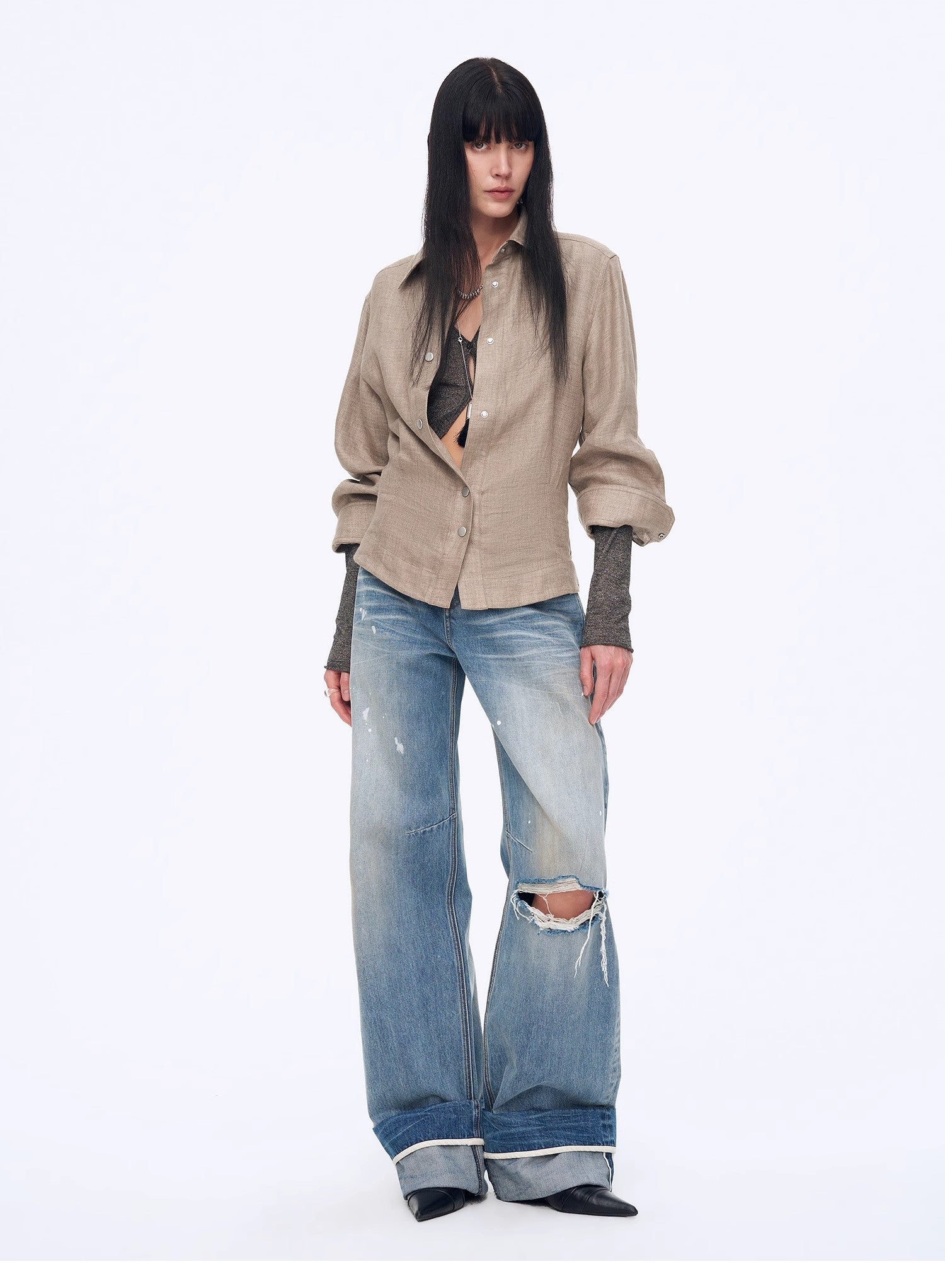Firelady Fur West Coast Jeans for women, straight-cut denim with ink splash detailing and selvedge finish.