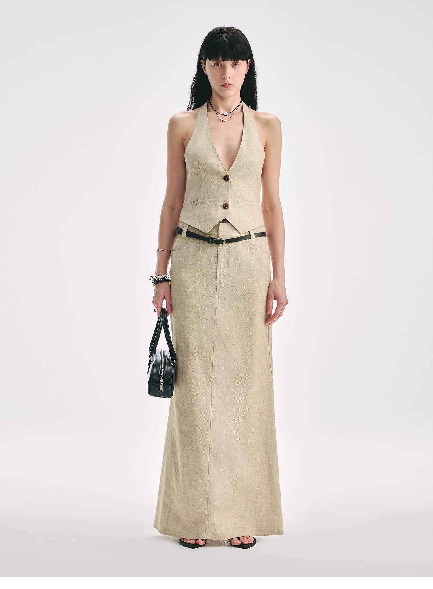 Firelady Fur linen V-neck halter vest and retro fishtail skirt set, vintage-inspired outfit with elegant linen fabric and classic style.