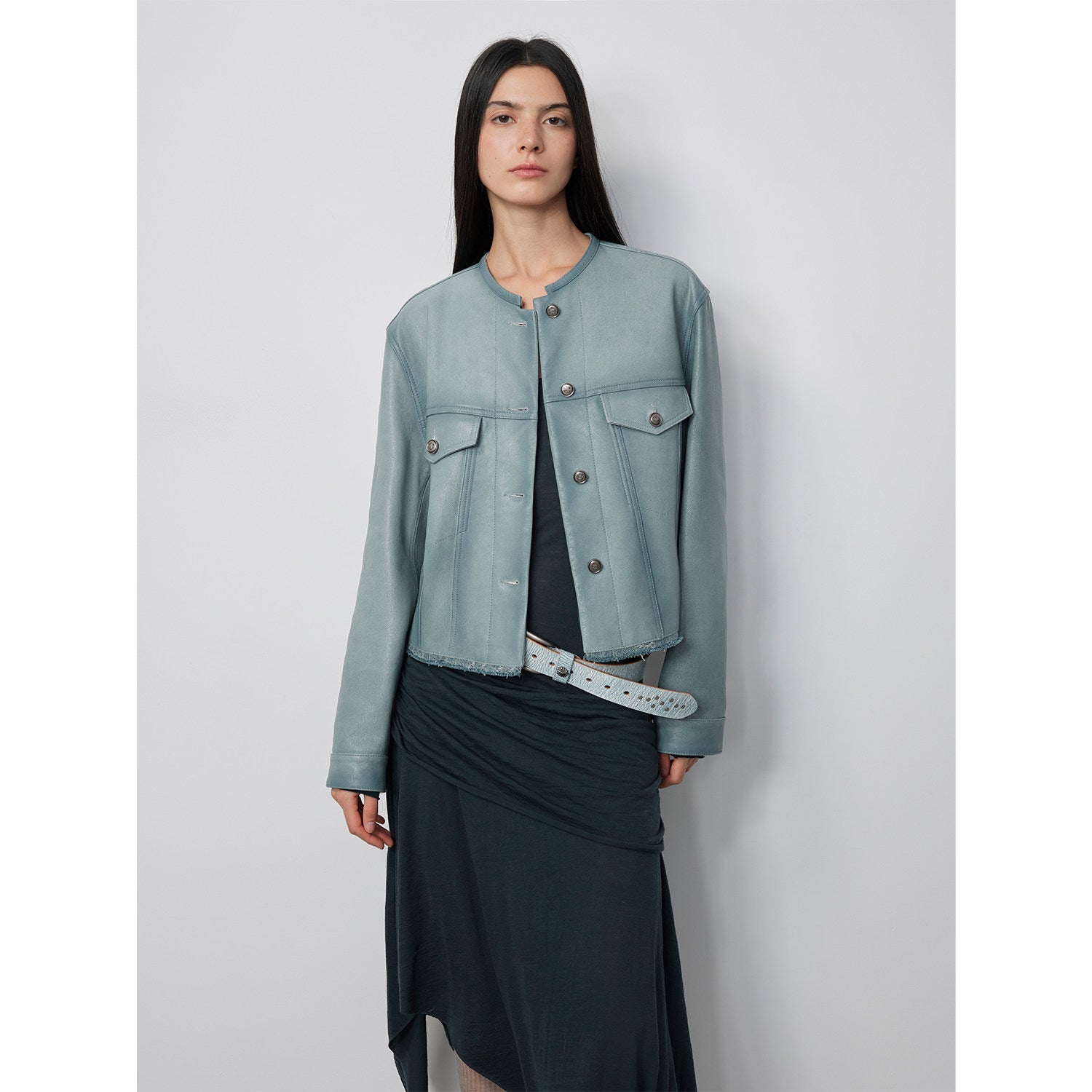 Women's retro suede sheep leather short jacket with structured shoulders and round neck, genuine leather outerwear by Firelady Fur