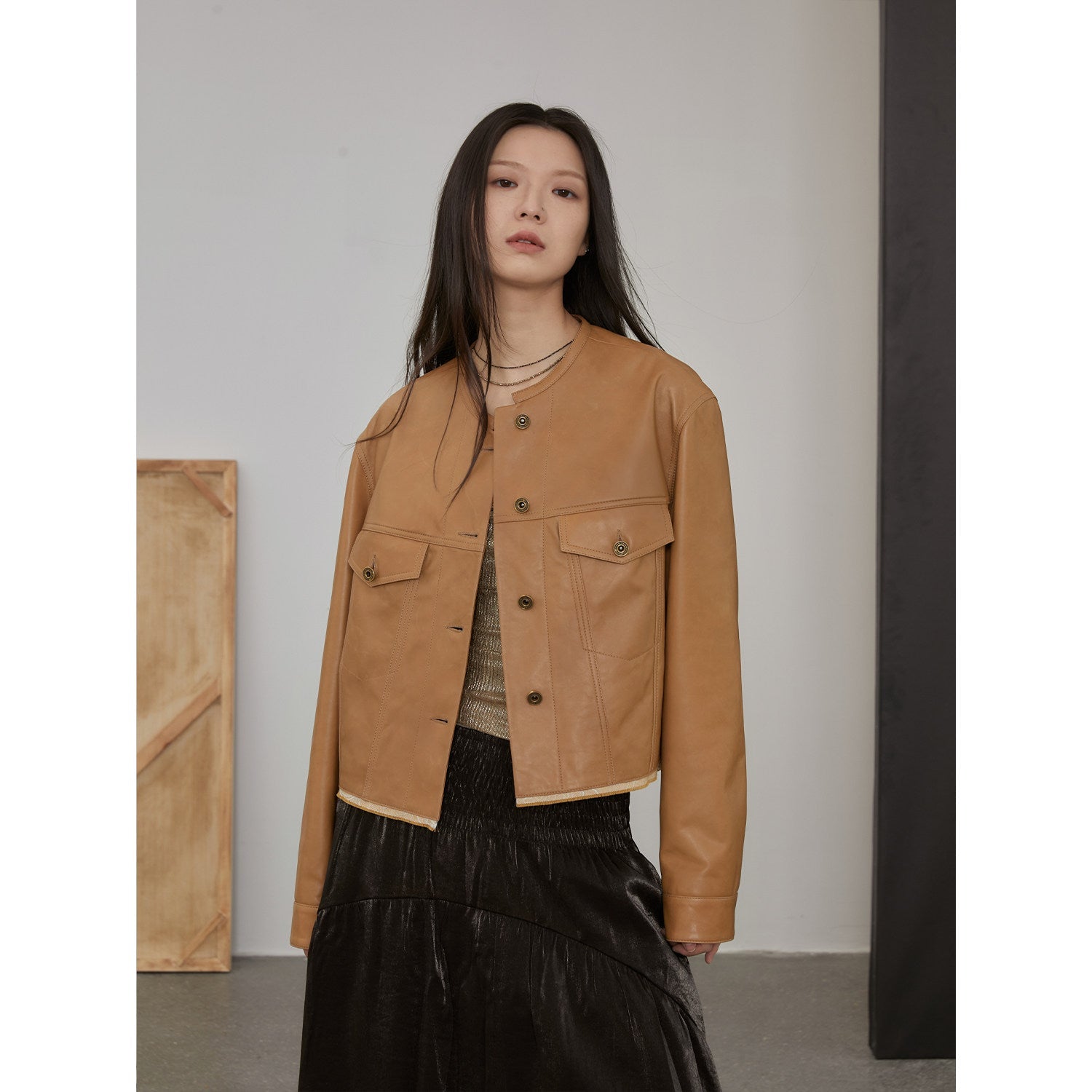 Women's retro suede sheep leather short jacket with structured shoulders and round neck, genuine leather outerwear by Firelady Fur.
