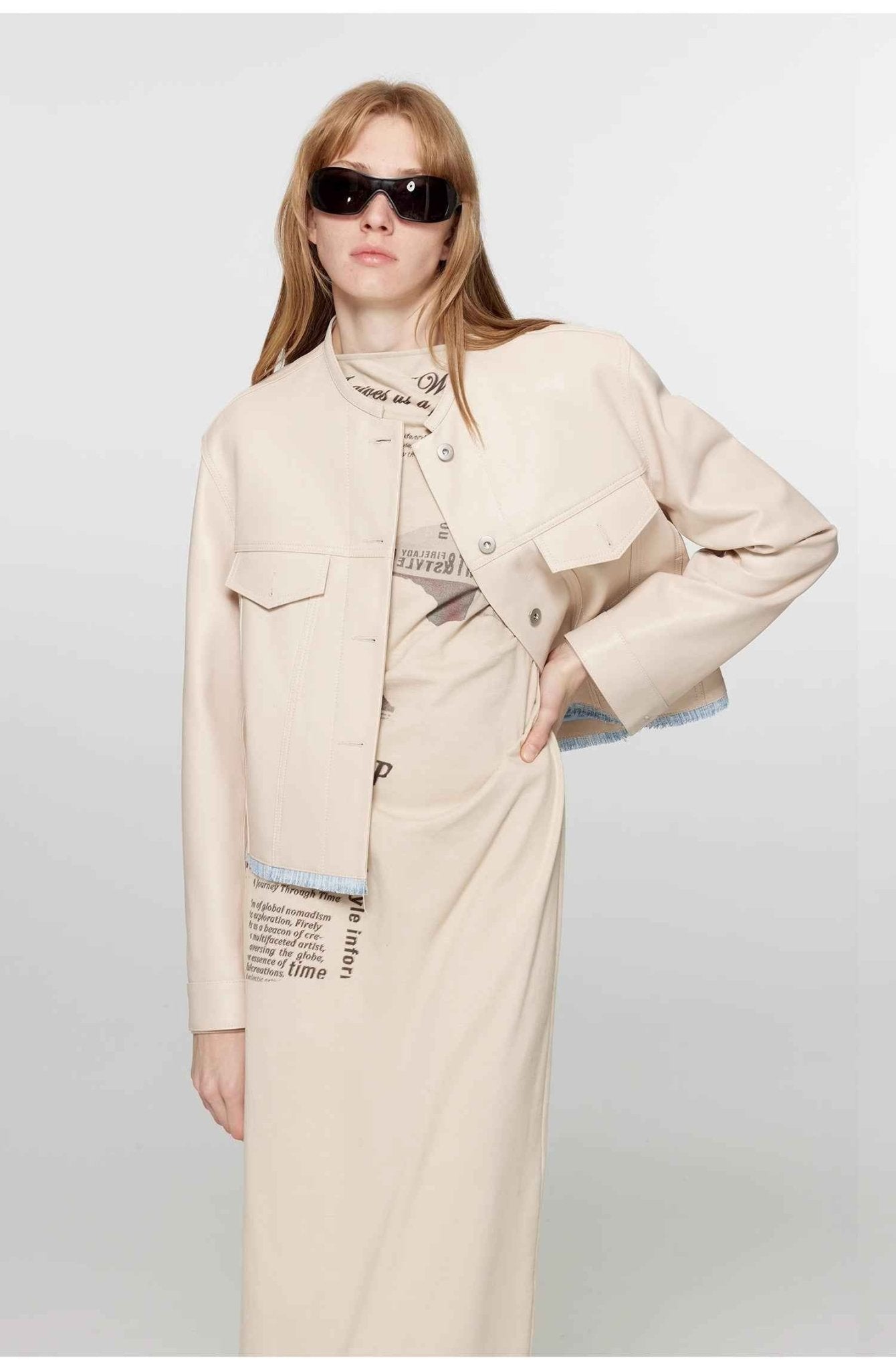 Women's retro suede sheep leather short jacket with structured shoulders and round neck, genuine leather outerwear by Firelady Fur.