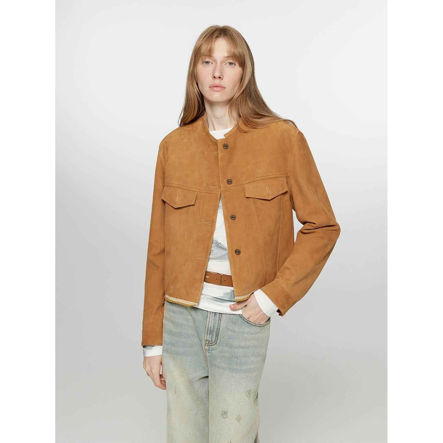 Firelady Fur women's retro suede sheep leather short jacket with structured shoulders and round neck, genuine leather outerwear.