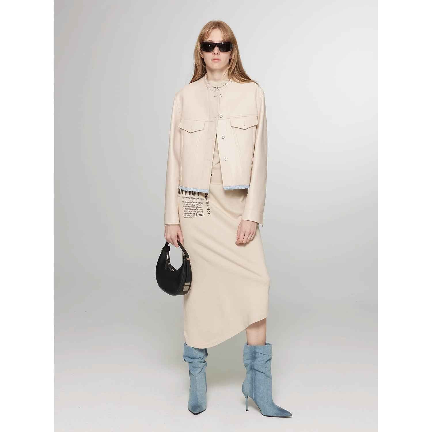 Women’s retro suede sheep leather short jacket with structured shoulders and round neck, genuine leather outerwear by Firelady Fur.