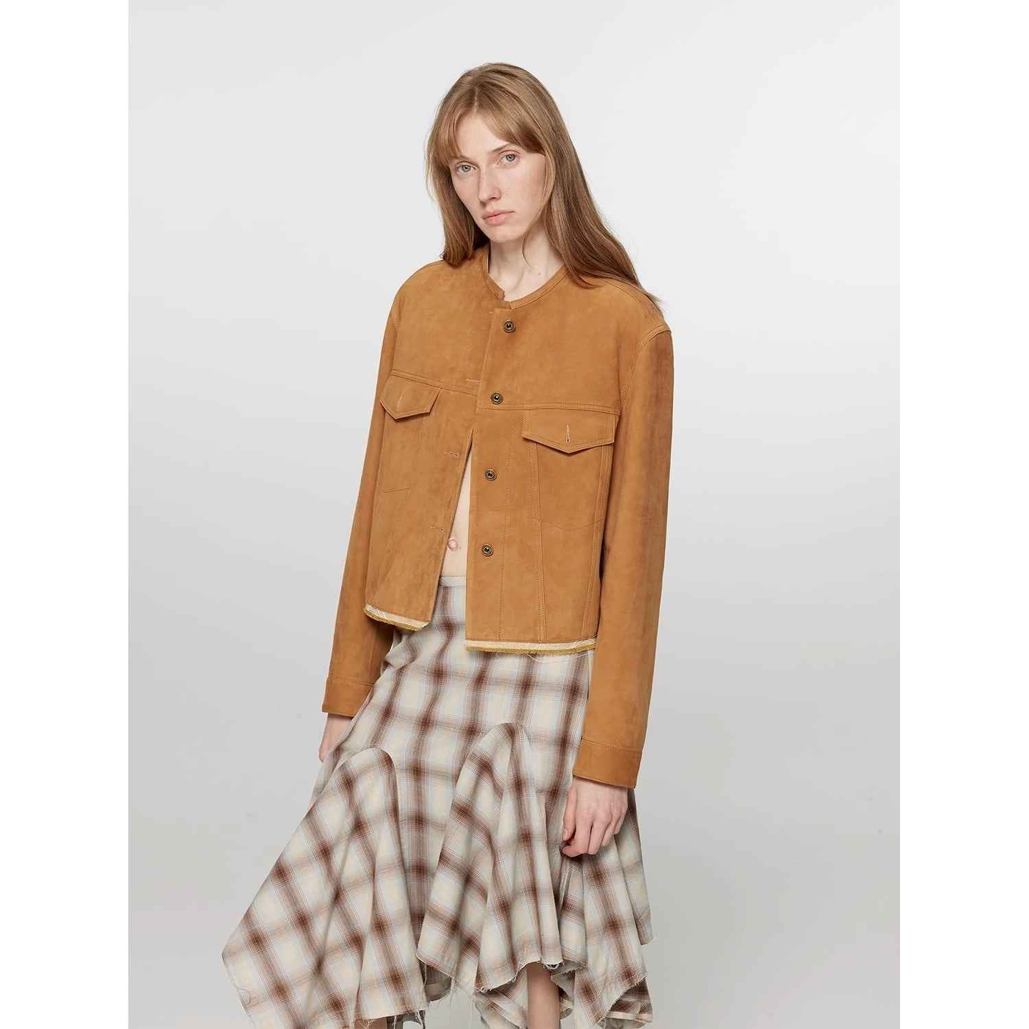 Women's retro suede sheep leather short jacket with structured shoulders and round neck by Firelady Fur, genuine leather outerwear.