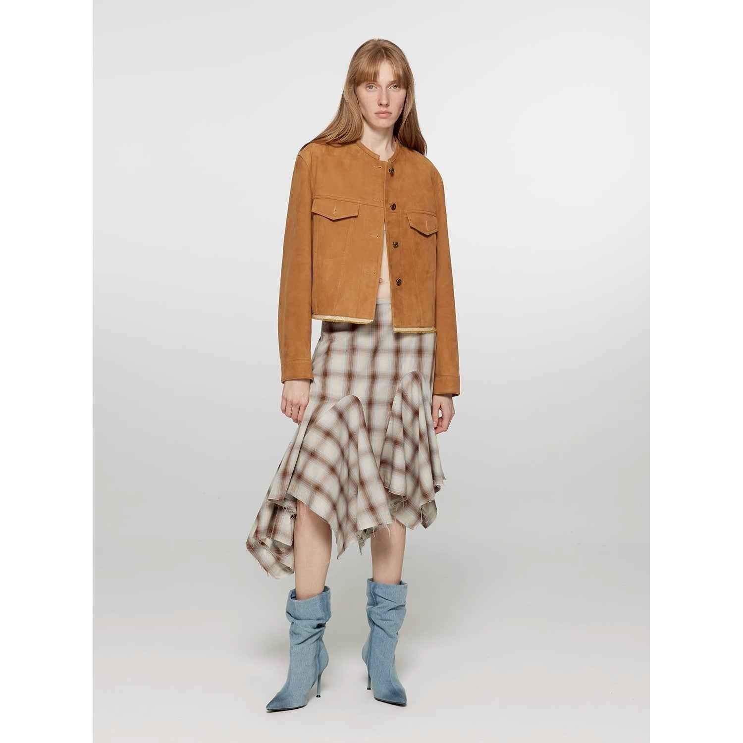 Firelady Fur women's retro suede sheep leather short jacket with structured shoulders and round neck, genuine leather outerwear.