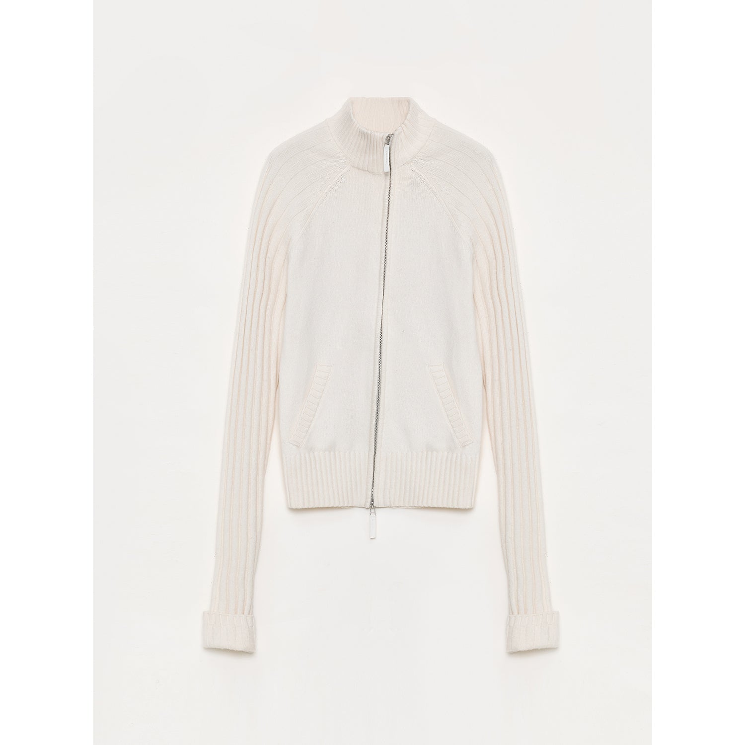 Firelady Fur Senna Melody Merino Wool Cotton Knit Cardigan top with oblique placket and zipper detail, in a fine wool and cotton blend.