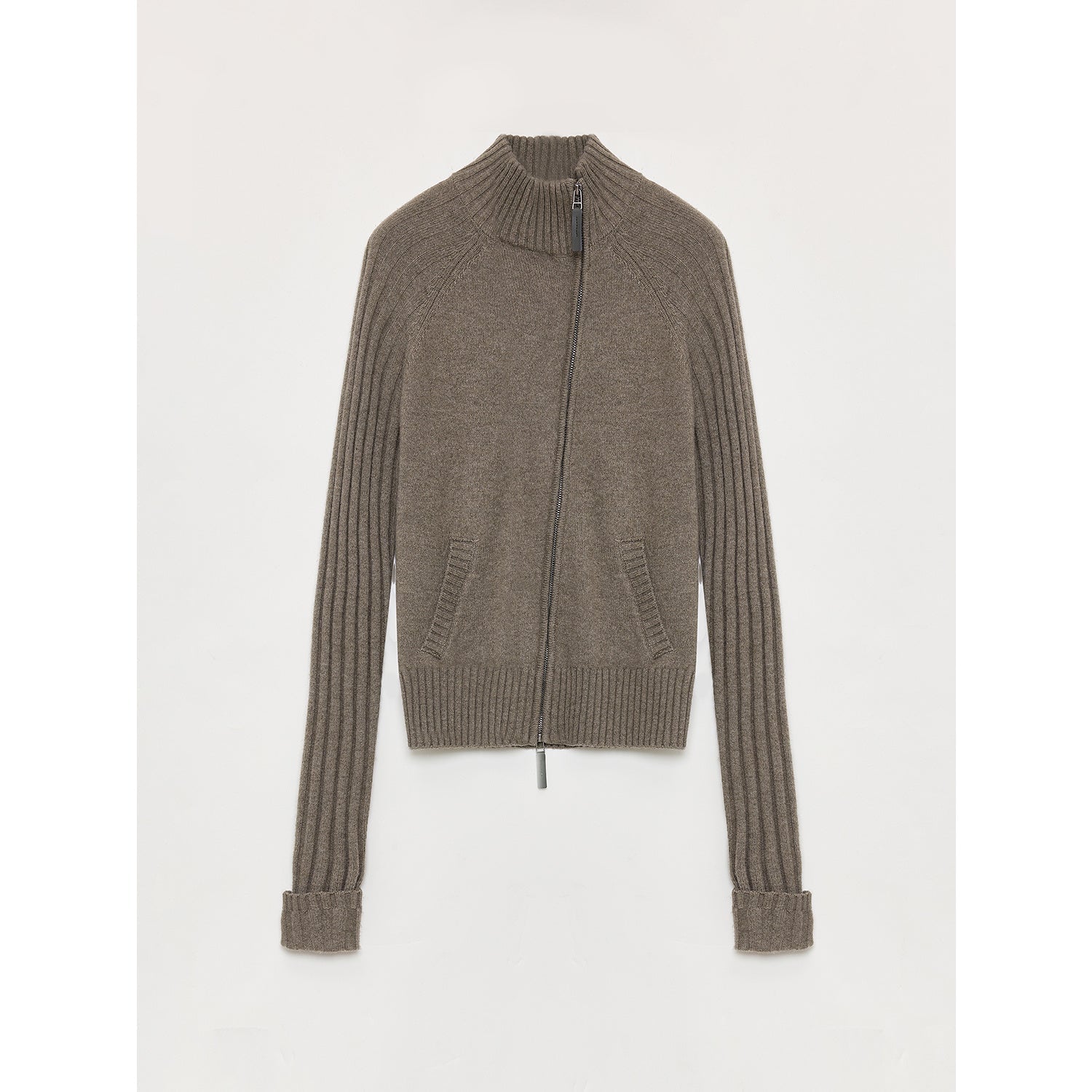 Firelady Fur Senna Melody Merino wool and cotton knit cardigan top with oblique placket and zipper for women.