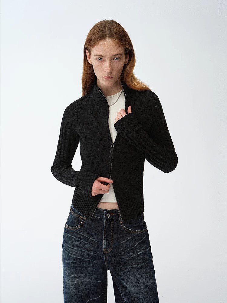 Firelady Fur Senna Melody Merino Wool Cotton Knit Cardigan, women's top with an oblique placket and zipper detail in a fine knit.