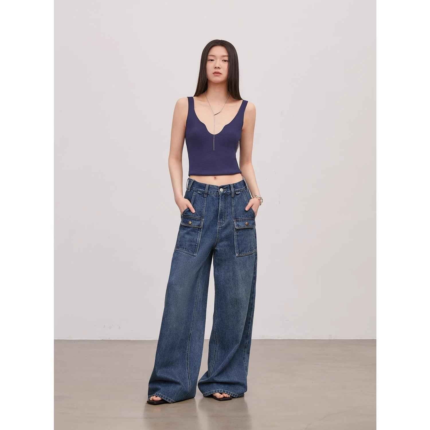 "Silent Deep Sea"Washed Vintage Blue Straight-leg Workwear Jeans for Women, Loose Wide-leg High-waisted Pants-0