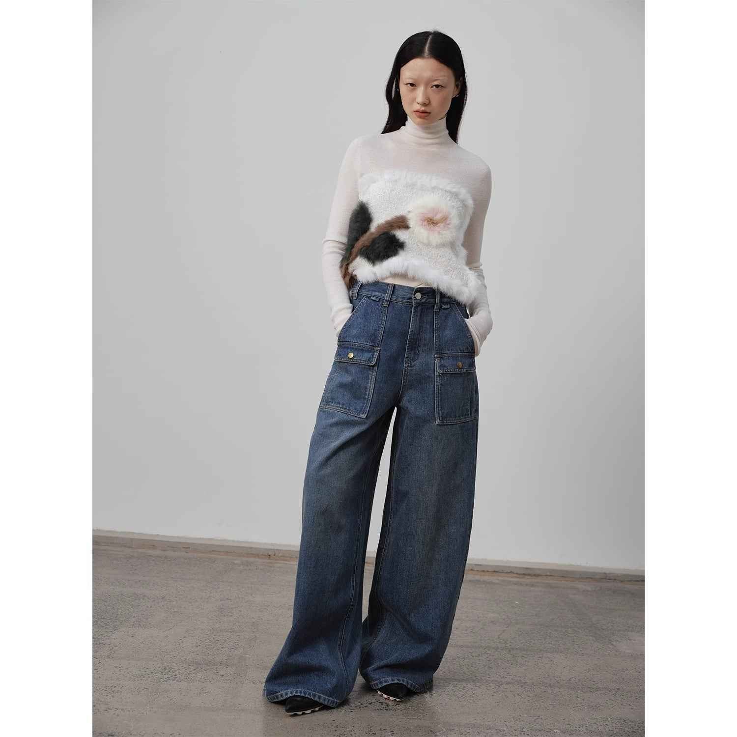 "Silent Deep Sea"Washed Vintage Blue Straight-leg Workwear Jeans for Women, Loose Wide-leg High-waisted Pants-1