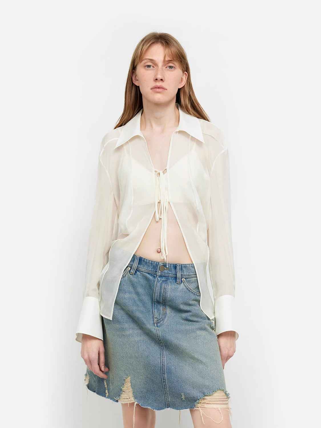 Firelady Fur silk chiffon summer top with a light, hazy drape and lace-up sun protection design, called Hazy Moonlight.