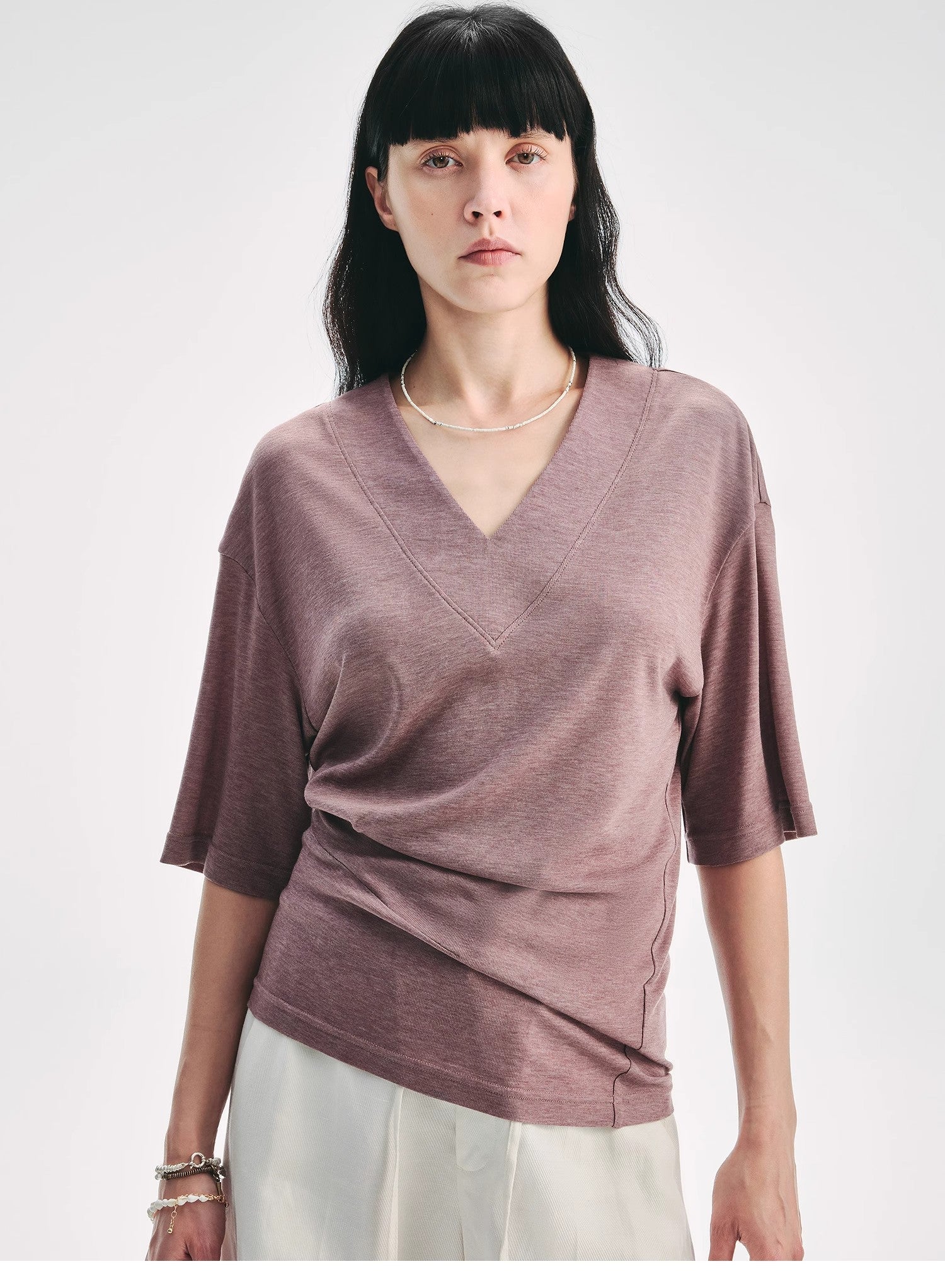 Women's silk Tencel V-neck pleated shirt with loose fit and dropped shoulders by Firelady Fur, casual and elegant women's T-shirt