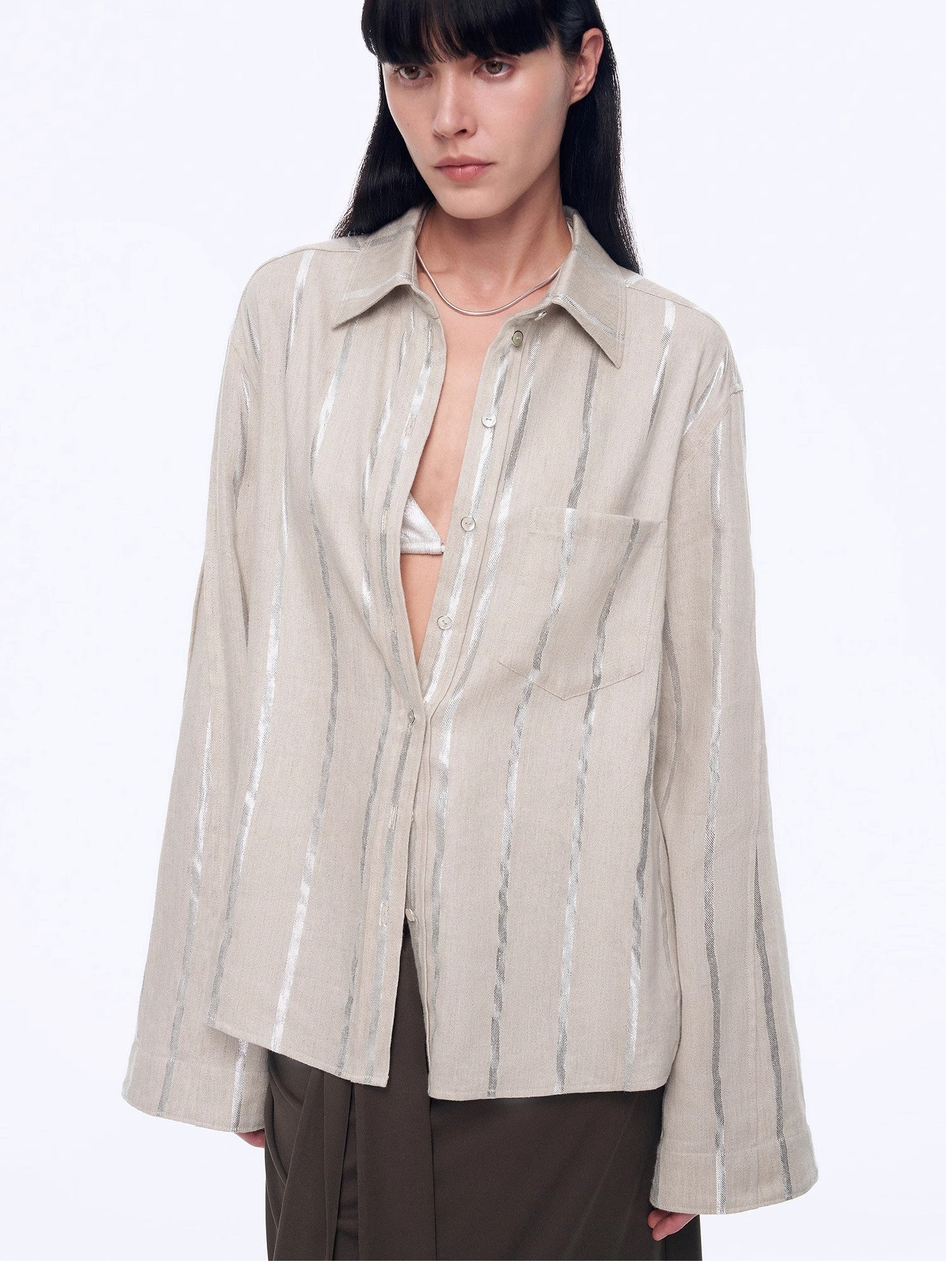 Silver-striped linen cropped shirt with trumpet sleeves from Firelady Fur, featuring a stylish and breathable top design.