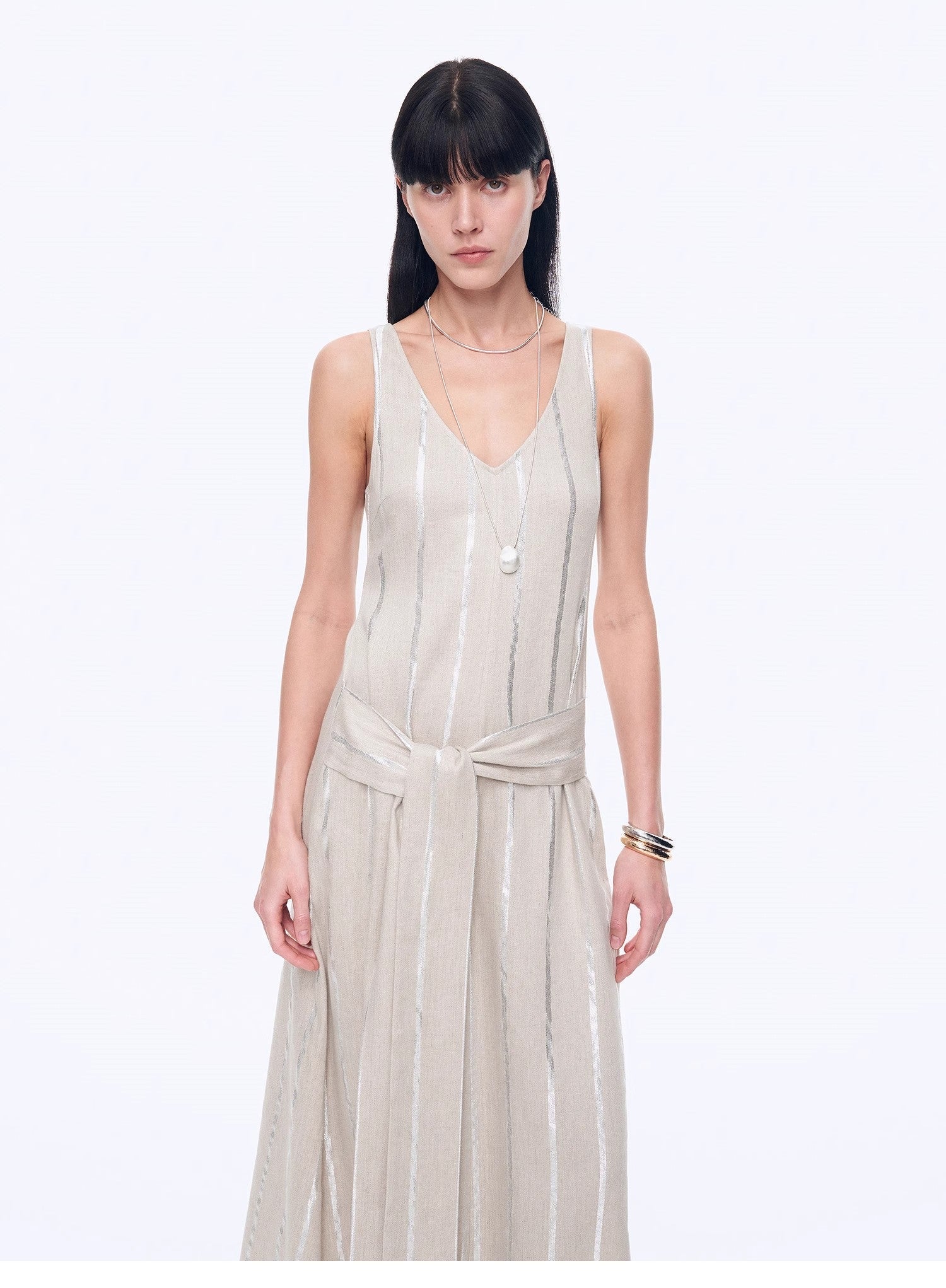 Silver Striped Linen V-Neck Drape Dress"Milan Holiday"-1
